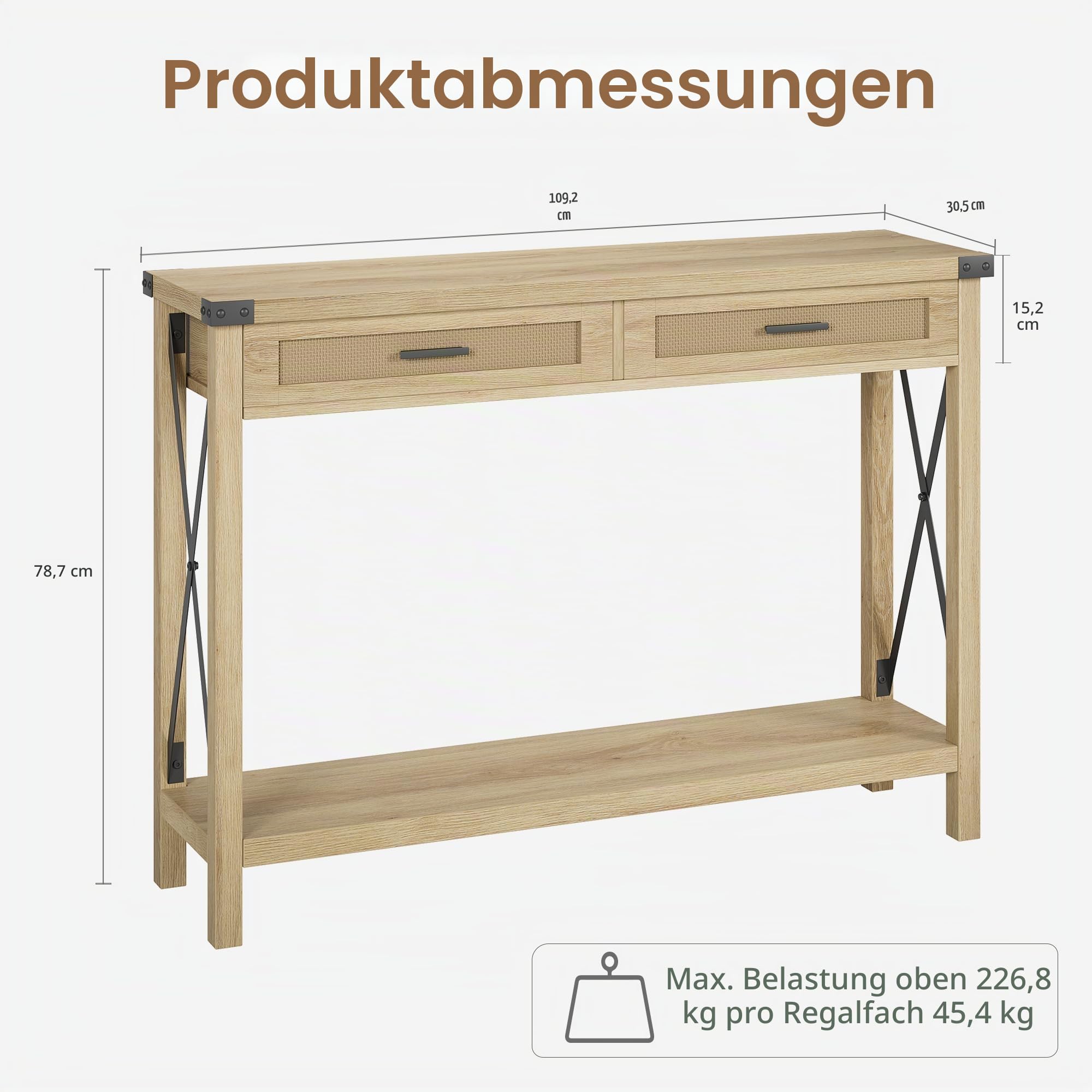 Litake Konsolentisch Rattan mit 2 Schubladen& Offene Ablage, Flurtisch Eingangstisch Schmaler Sofatisch für Wohnzimmer, Arbeitszimmer, Eingangsbereich oder Fernsehwand