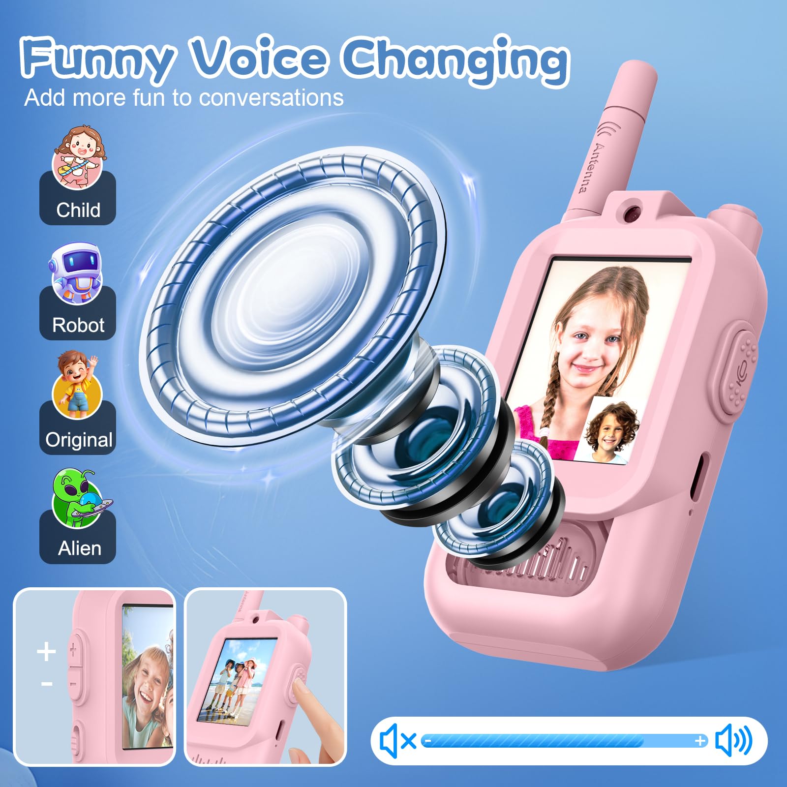 Hangrui Talkie Walkie Enfants avec Vidéo & HD Caméra,Lot de 2 Talkies-Walkies Rechargeable,Portée 100-400m,4 Modes de Voix Changée, Cadeaux Jouets de Plein air pour Enfants de 3 à 12 Ans (Rose + Rose)