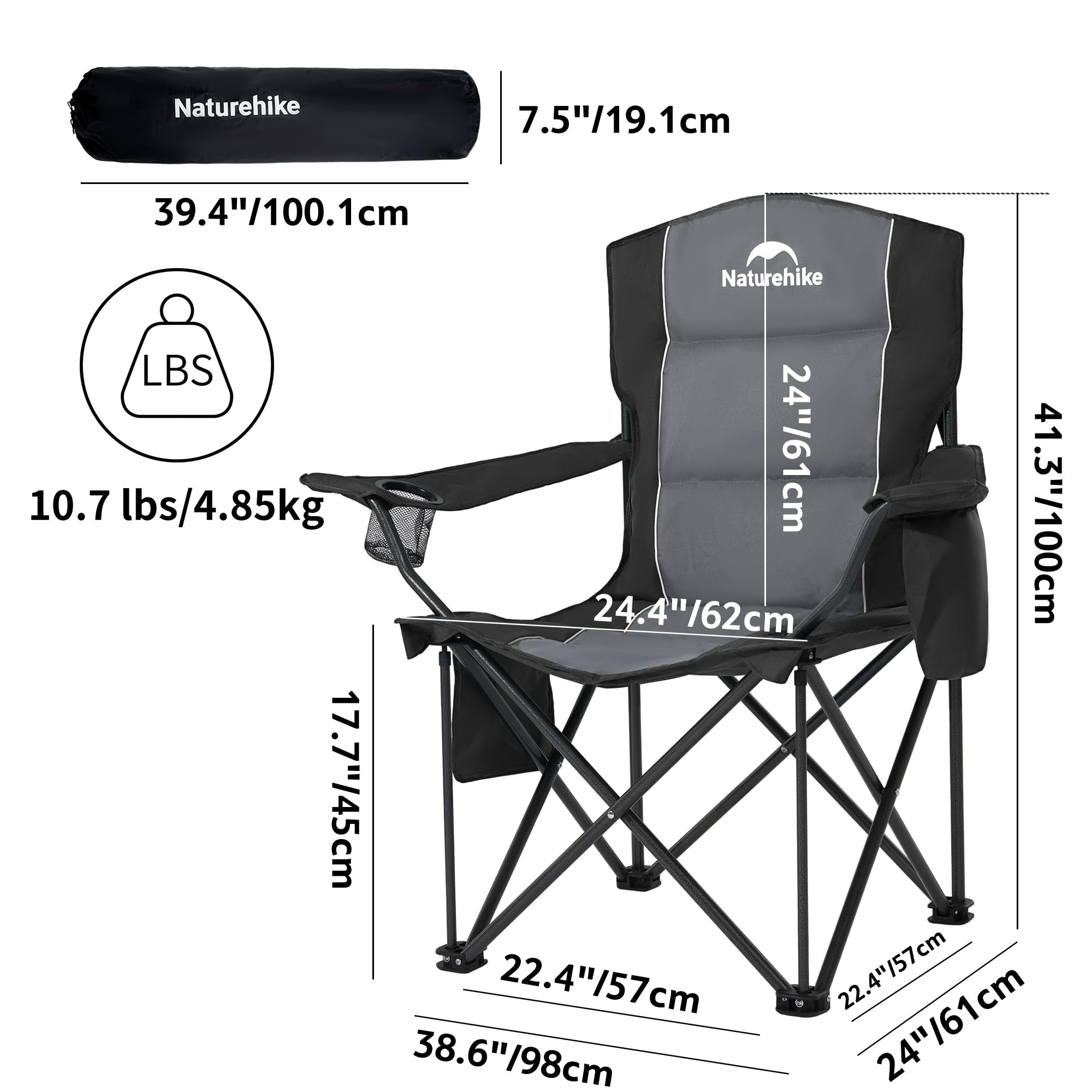 Naturehike 2 sillas de camping portátiles plegables de 200 kg, acolchadas, con soporte para bebidas, silla de pesca, pícnic, jardín, exterior, playa (negro)