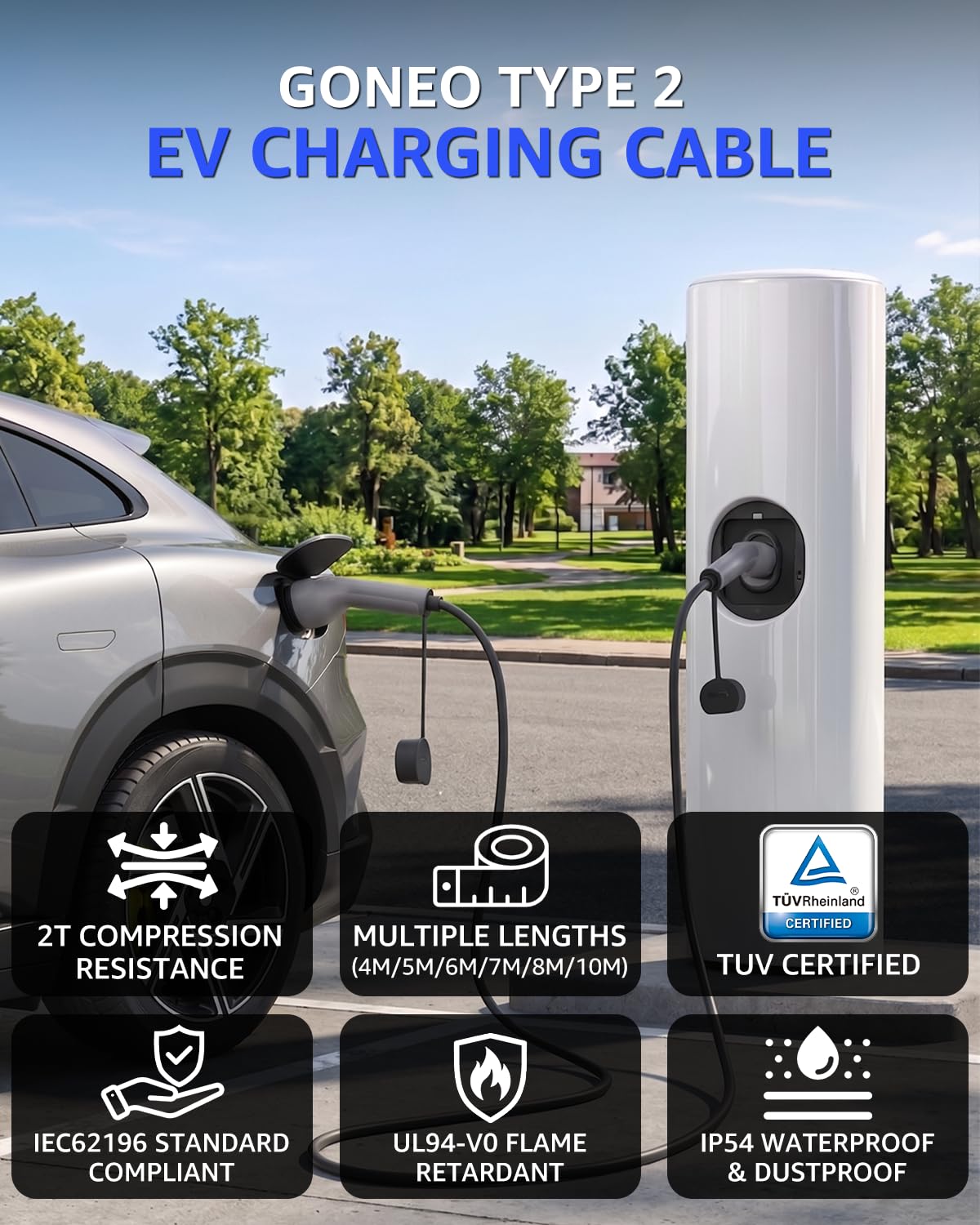 GONEO Kabel do ładowania EV typu 2 kW 5 m, 32 A/3-fazowy/tryb 3/IP54 wodoodporny/z torbą do przechowywania, kabel do ładowania Fast Type 2 Mennekes do Tesla/BYD/MG/VW/BMW/Audi itp