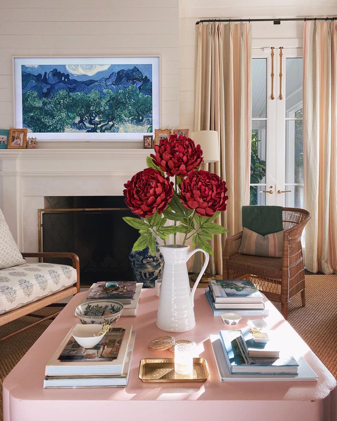 Briful 3PCS Red Peony Artificial Flower Stems 29.1in Long Stem Fake Peonies Silk Floral Arrangement Real Touch Peony Flower for Christmas Home Vase Party Wedding Bouquet Decor - Image 7