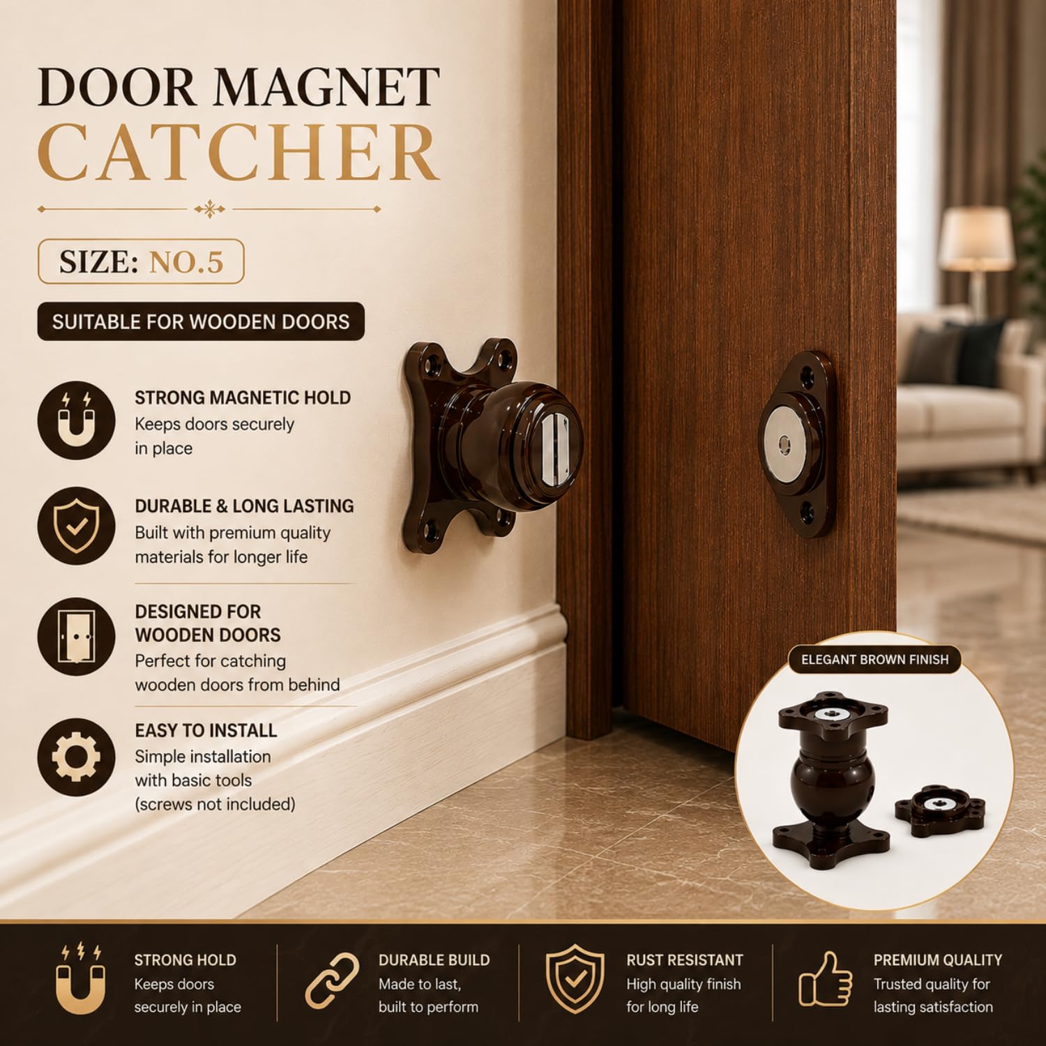 Elite Heavy Duty Wall Mounted Magnetic Door Stopper Catcher, Size 5 Number, for Main Door, Bed Room Door, and All Other Type Doors Protection, Pack of 3 (Brown) — Amazon image 3