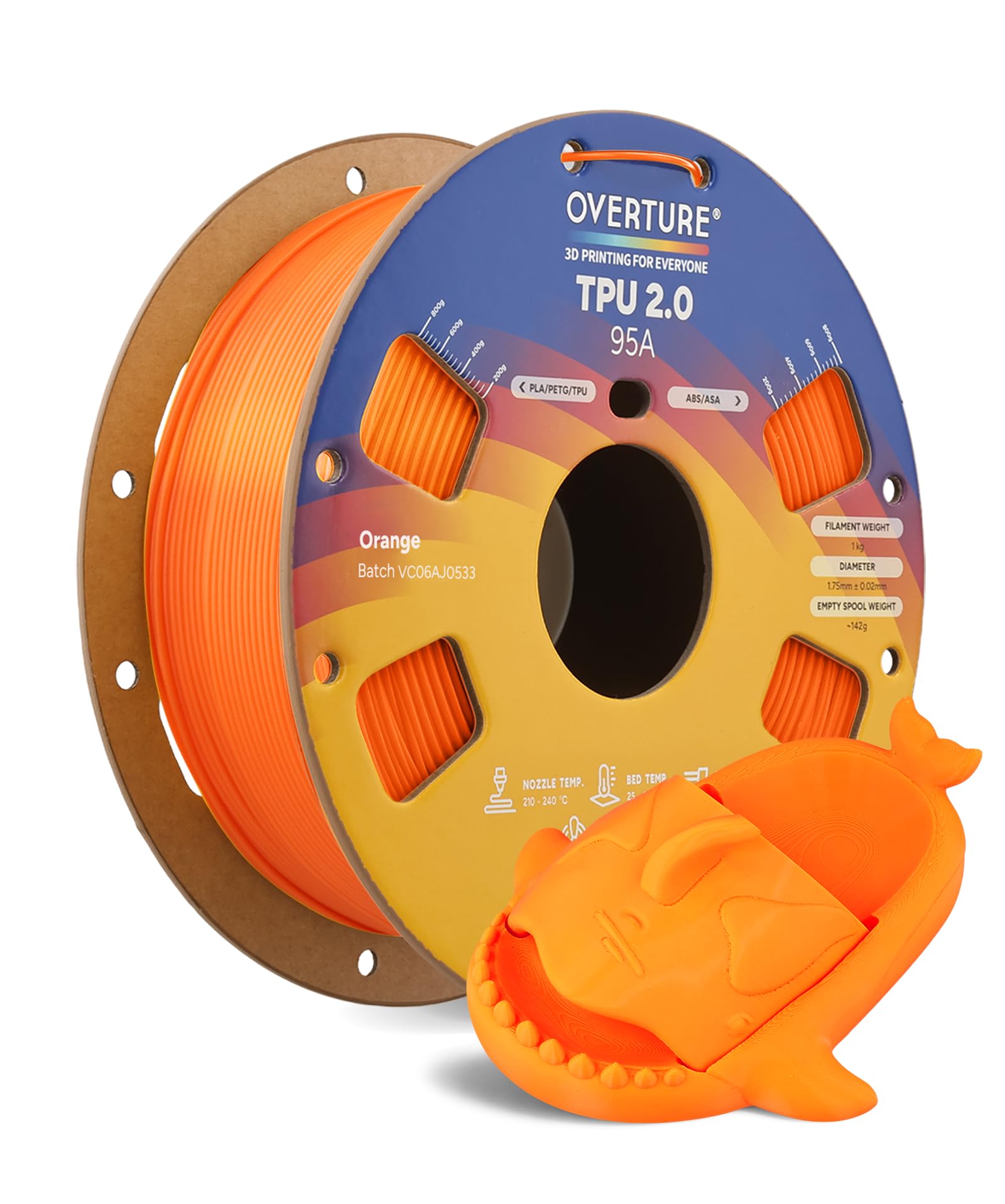 OVERTURE Ulepszony filament TPU do drukarki 3D, miękki filament TPU 95A 1,75 mm, 1 kg, szpula kartonowa, starannie nawinięta, dokładność +/- 0,02 mm, pasuje do większości drukarek FDM (pomarańczowy)