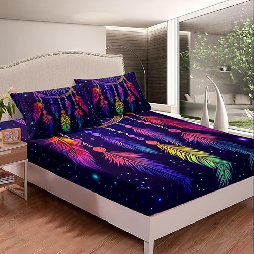 Miniatura 2 de Juego de sábanas bajeras de estilo bohemio con diseño de atrapasueños, tamaño matrimonial, diseño de atrapasueños de arcoíris para niños y