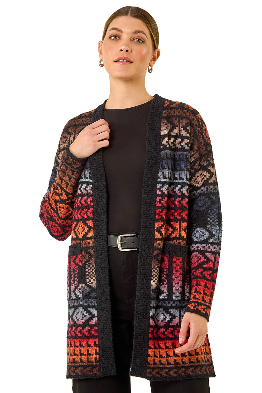 Roman Originals Women's Noir Rainbow Cardigan - Longline Coatigan Tassel Open Front Cardi Winter Autumn Casual Textured Edge To Edge Yarn Patterned Comfy Work Going Out - Size 20
