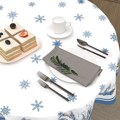 Miniatura 6 de Mantel redondo de Navidad azul de 60 pulgadas para decoración de árbol de invierno, bosque, ciervo, pino, copo de nieve, mantel de tela lavable para