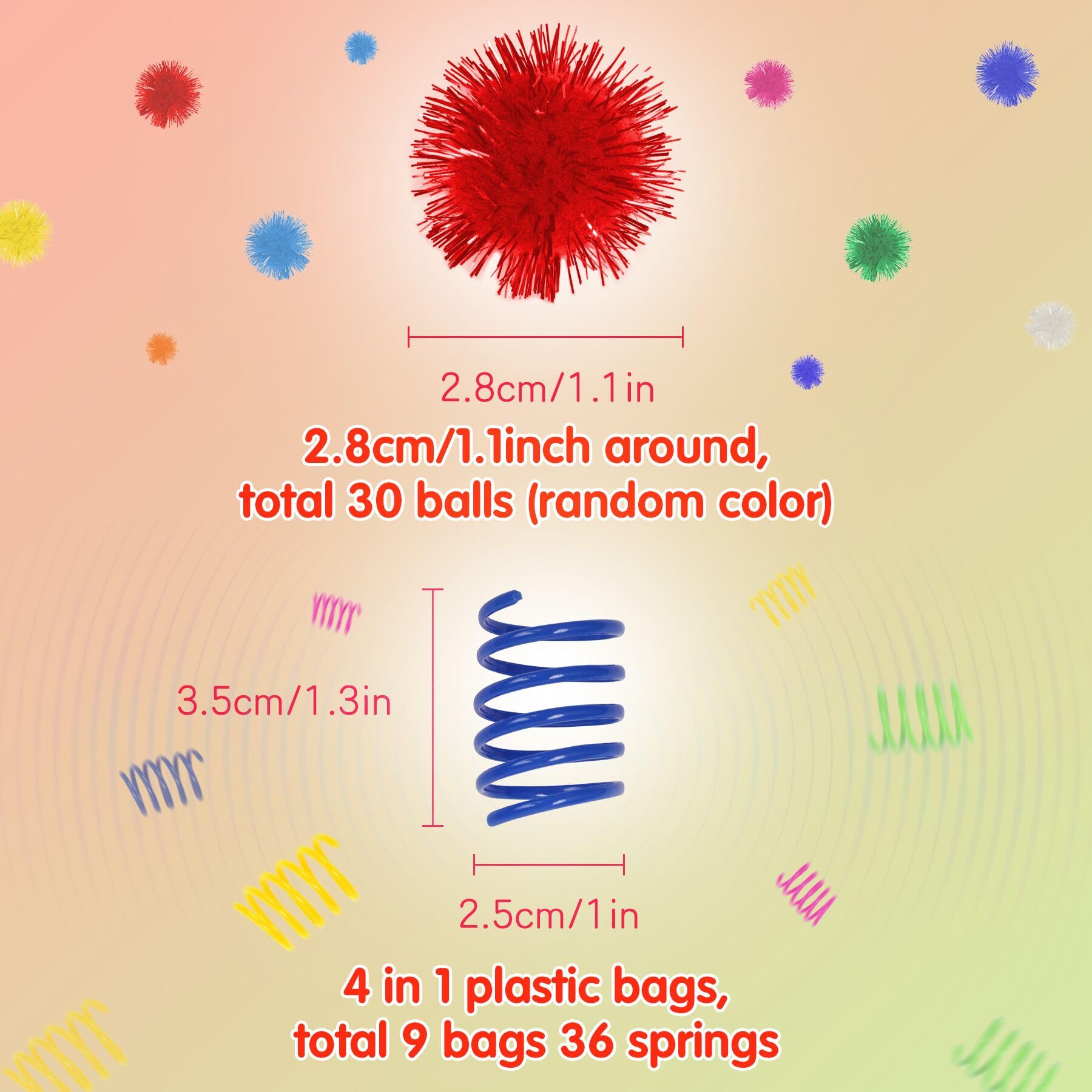 SEVENKA Cat Toys 30 Pcs Color Flash Balls and 36 Spring Toys, 1.1in Small Soft Cat Ball Tinsel Pom Poms, Kitten Toy, Plastic Spiral Springs for Swatting, Biting, Hunting, Active Healthy Play
