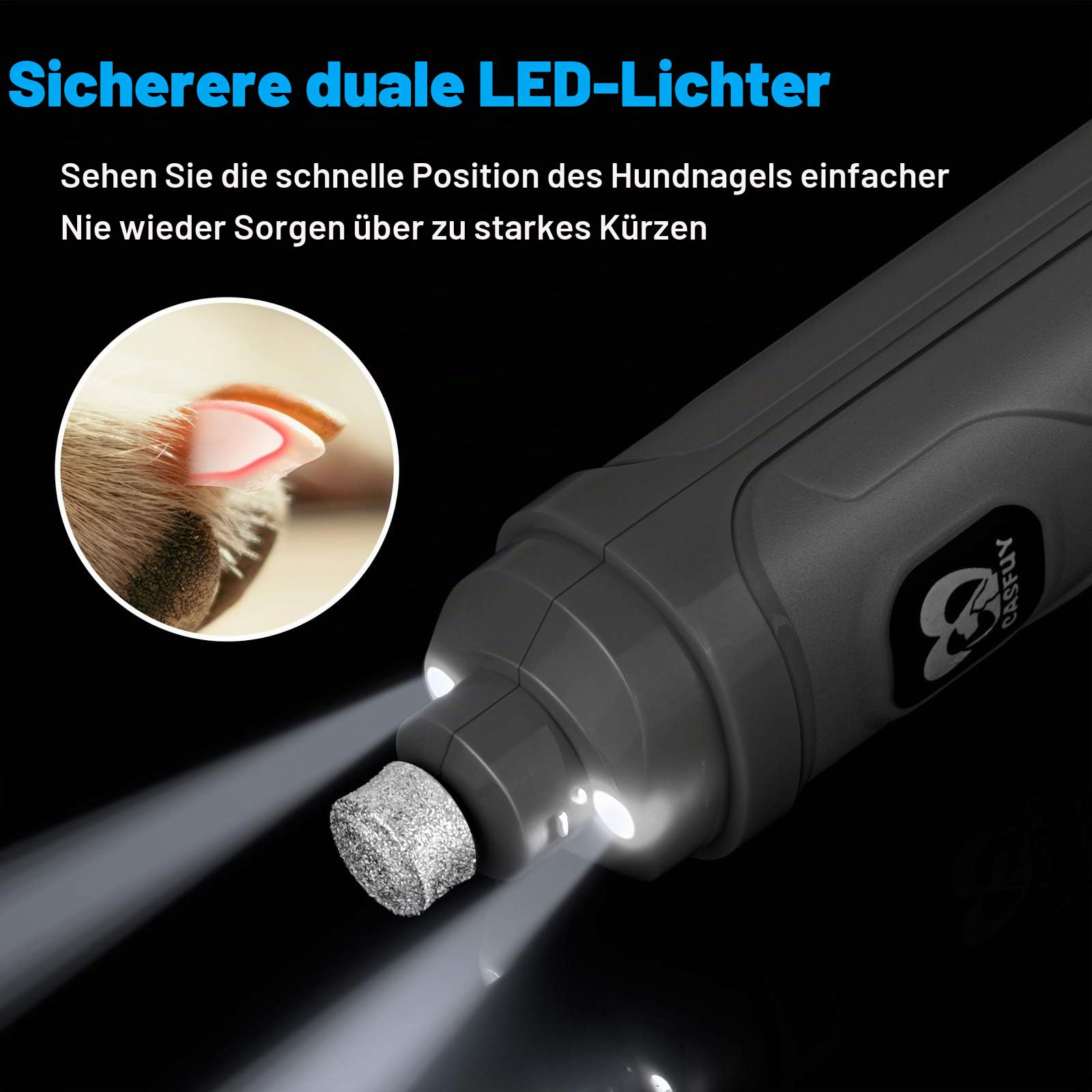 Casfuy Krallenschleifer für Hunde mit 2 LED-Leuchten – 2 Geschwindigkeiten, leiser, leistungsstarker elektrischer Krallenschneider für kleine, mittelgroße Hunde und Katzen