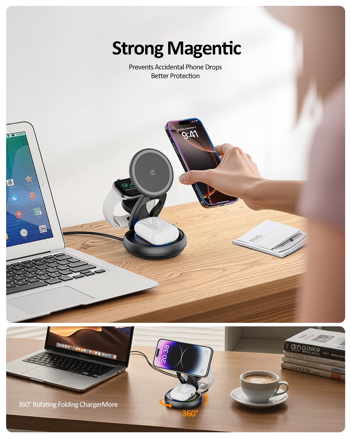 Stacja ładująca 3 w 1 do urządzeń Apple, indukcyjna stacja ładująca do iPhone 16 15 14 13 12 11 Pro Max, do Apple Watch 10/9/Ultra/8/7/6/SE/5/4/3, do AirPods Pro 4 3 2