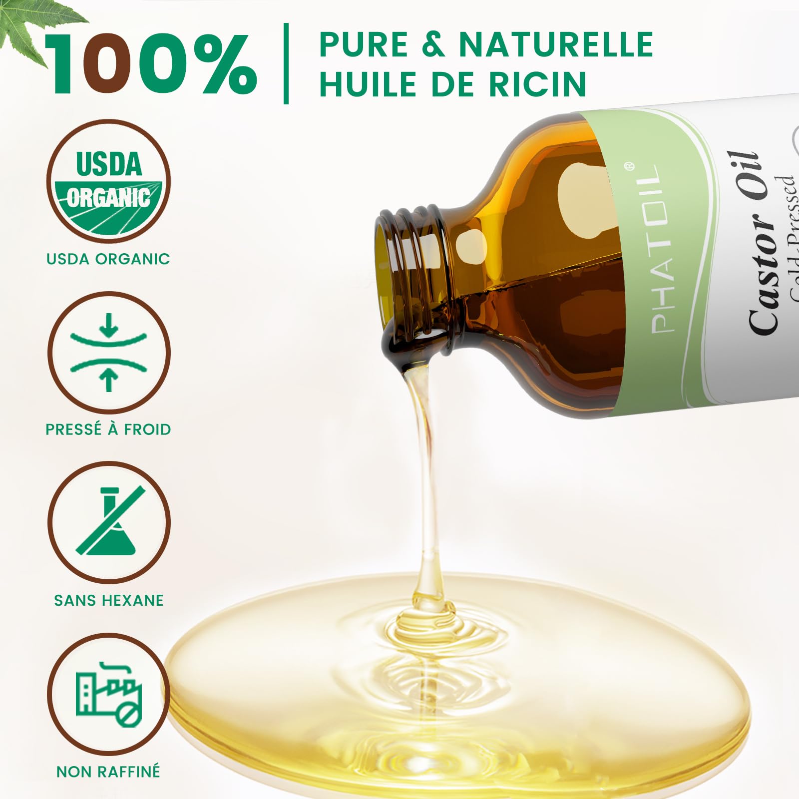 PHATOIL Huile de Ricin Bio 118ML - Organic Castor Oil 100% Naturelle Pure - Pressée à Froid - Huile Pour Cheveux, Cils, Sourcils, Peau, Ongles, Barbe, Pipettes + Brosse à Sourcils + Brosse à Cils