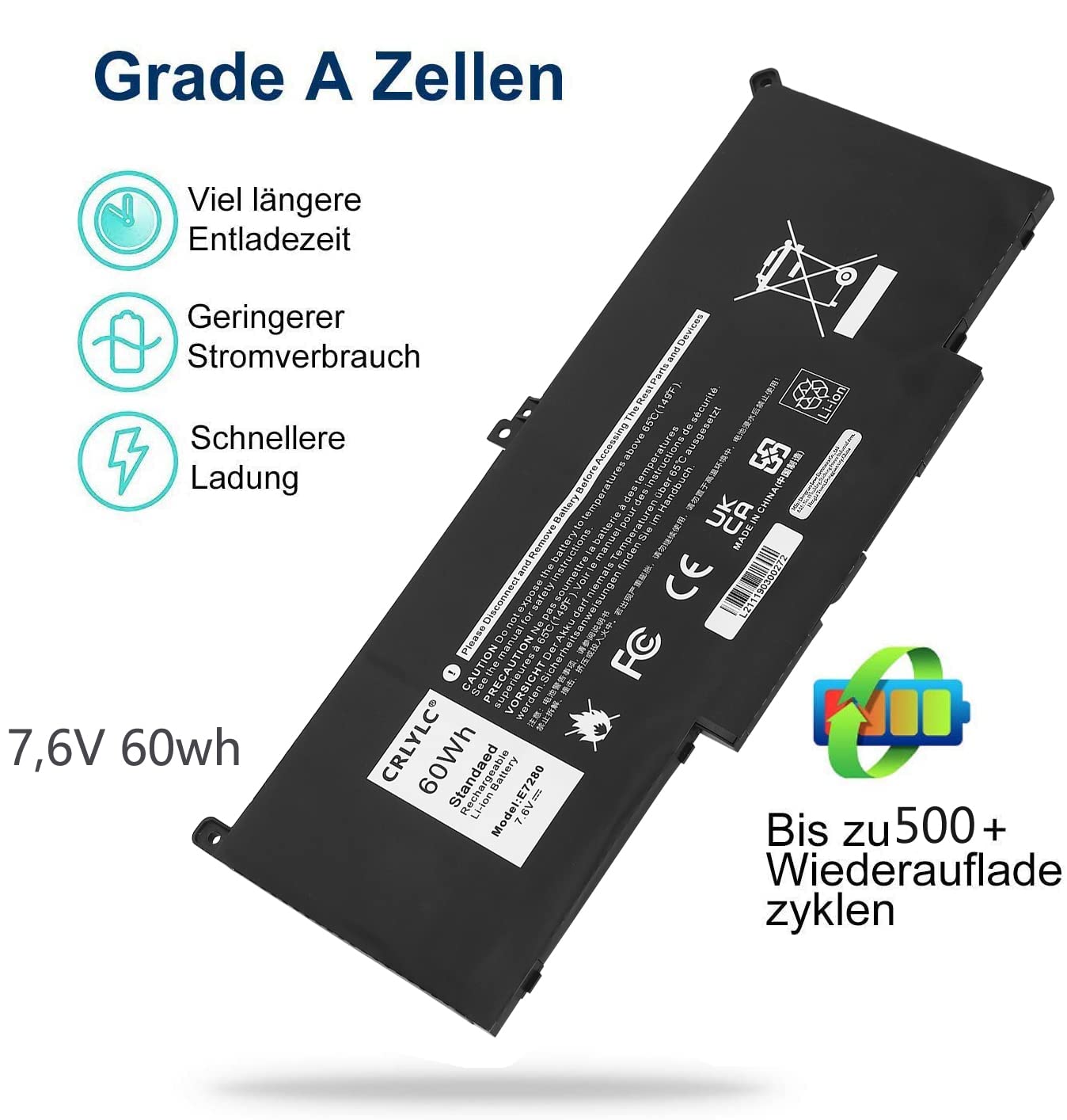 CRLYLC 7.6V 60Wh F3YGT DM3WC Notebook Laptop Akku für Dell Latitude 14