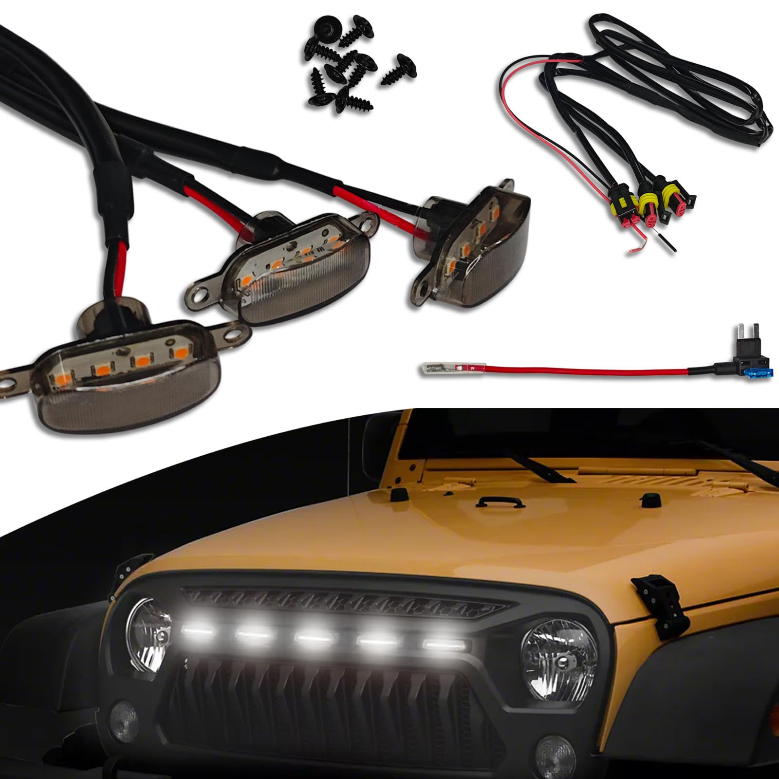 Lights Kühlergrill Scheinwerfer kompatibel mit Ram 1500 2004-2019 Ersatz-Kühlergrill für Ram 1500 2004-2019, bernsteinfarbene LED-Standlichter, mit Gurt und Sicherung, 3 Stück