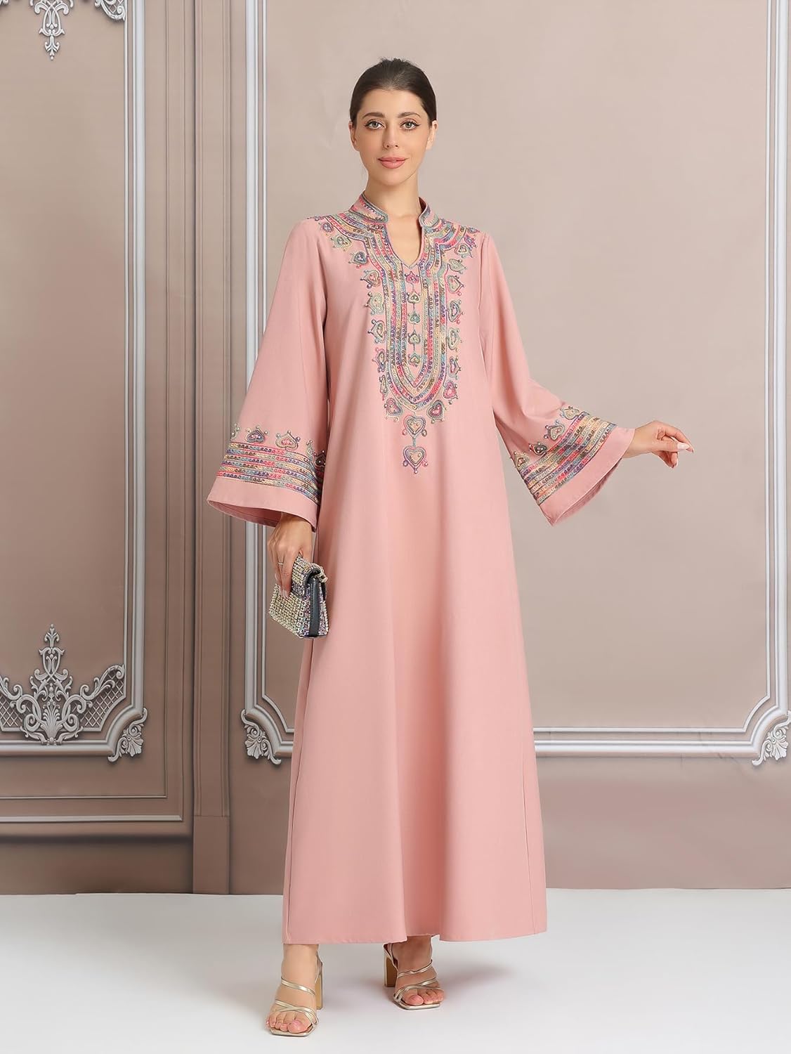 Plus Size Beaded Embroidered Abaya Dress for Women – Modest Kaftan with Split Sleeves & High Neck for Eid, Ramadan - Image 4