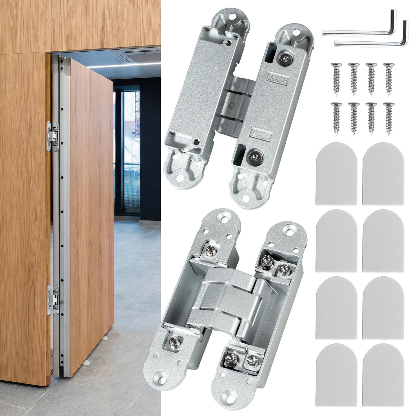 7 inch Bisagras de Puerta Ocultas, 80kg | Bisagras Invisibles para Puertas de 180 Grados,Bisagras de Puerta Ocultas,Bisagra de Puerta Plegable 3D con Tornillos