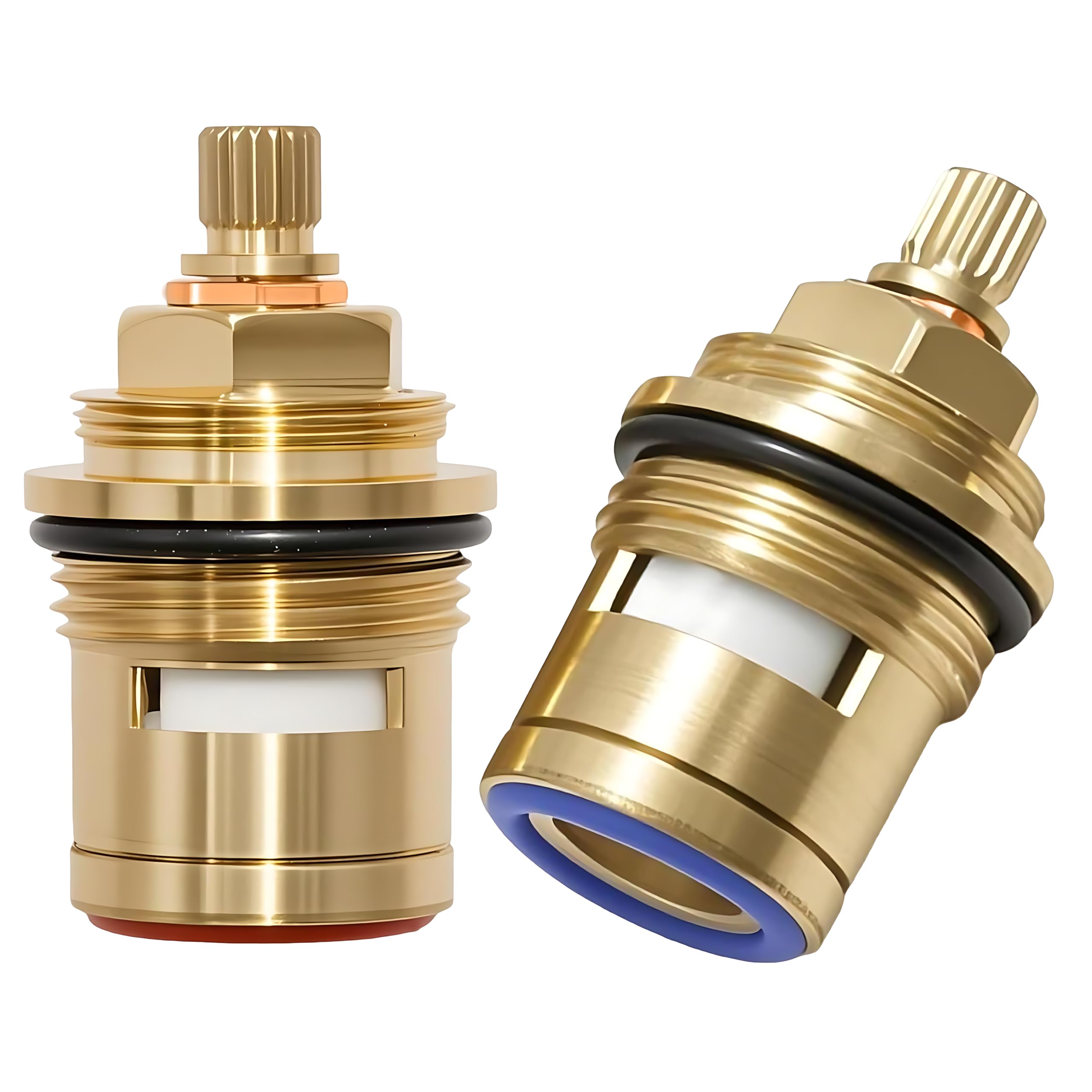 2Pcs Ceramic Disc Cartridge, 3/4 High-Flow Brass Body Hot/Cold Water Valve Cartridge, Quarter Turn 50mm 20 Teeth, Quick-Opening Valve Cartridge Ceramic Disc (Red and Blue Set)