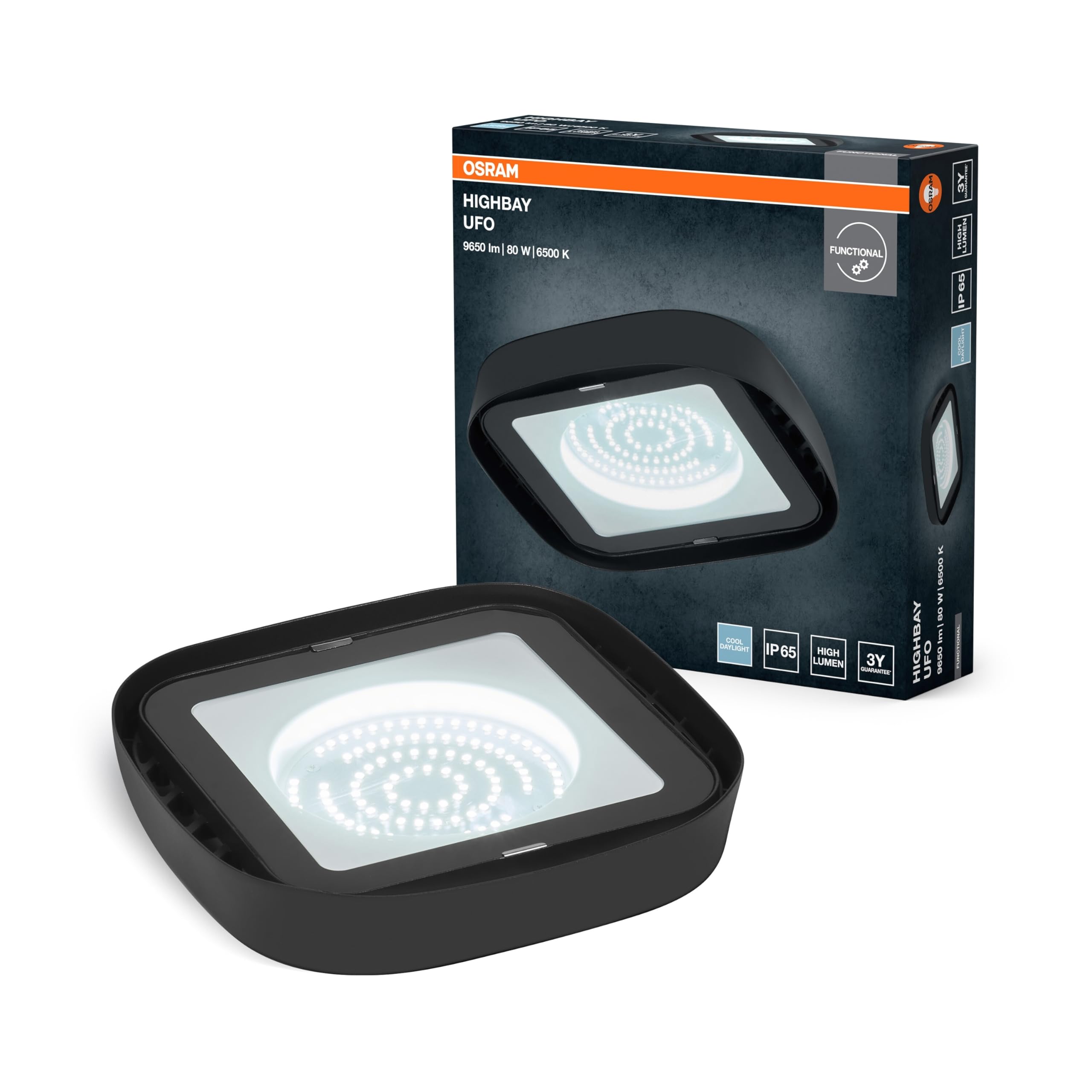 OSRAM Ampoule Highbay Ufo, noir, 80 W / 9300 lm, blanc lumière du jour 865, 6500 K, indice IP65, protection contre les jets d’eau et contre la pénétration de poussière (étanche à la poussière).