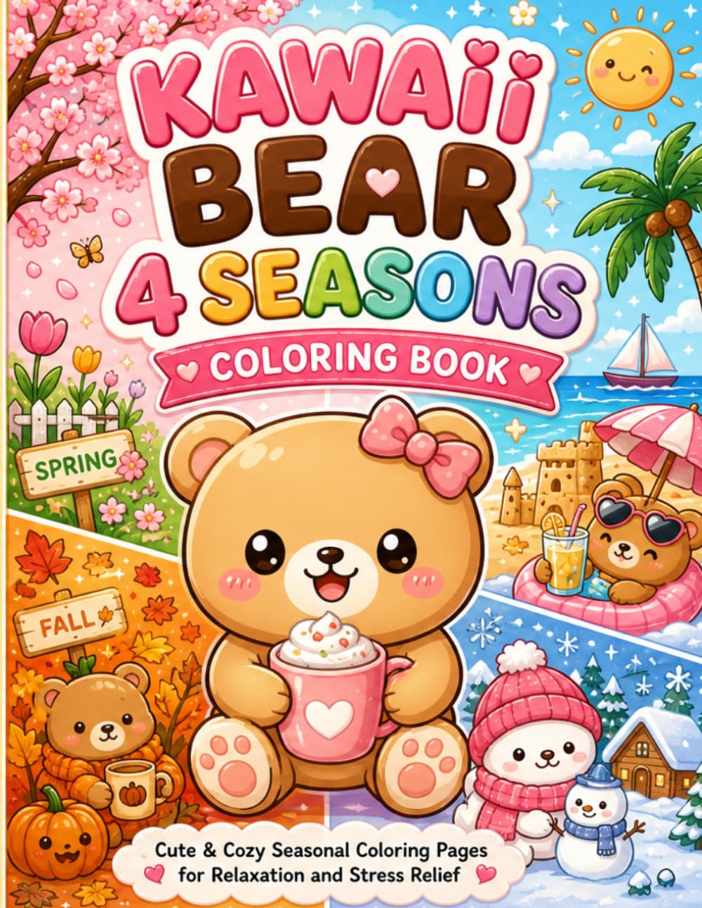 Kawaii Bear 4 Seasons Coloring Book: Cute & Cozy Seasonal Coloring Pages for Relaxation and Stress Relief for Teens & Adults