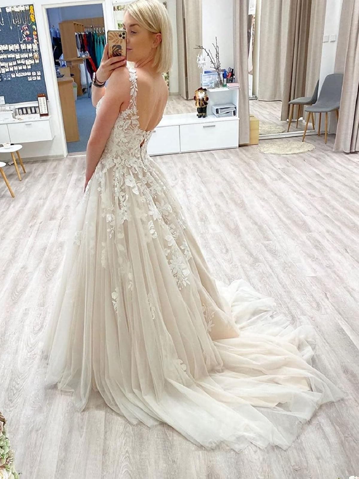JAEDEN V-Ausschnitt Brautkleider Spitze Hochzeitskleider für Damen A-Linie Tüll Standesamt Kleid mit Schleppe