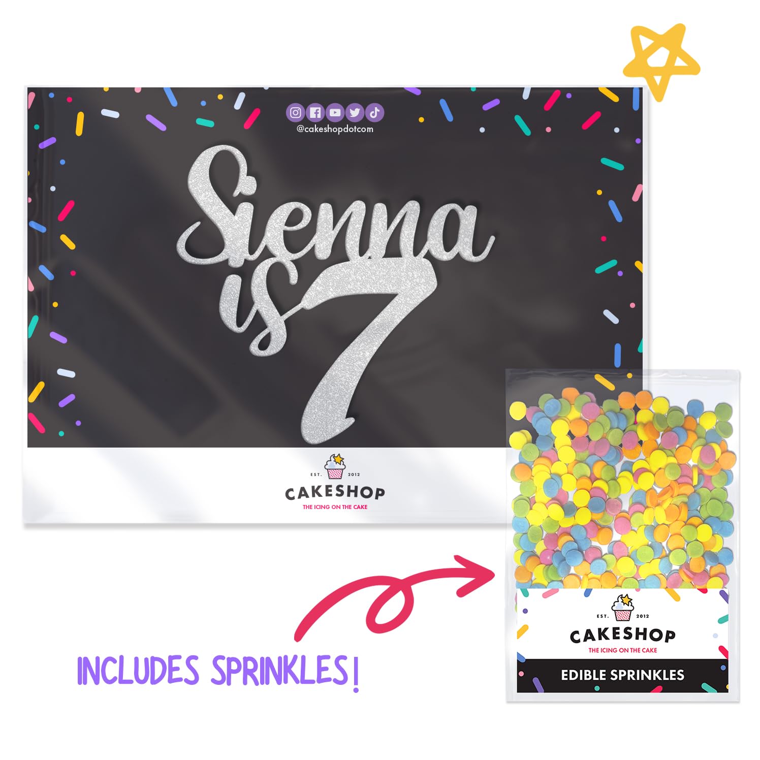 Personalised Happy Birthday Glitter Cake Topper, Light Silver Any Name & Any Age Glitter Cake Decoration and Sprinkles - Image 2