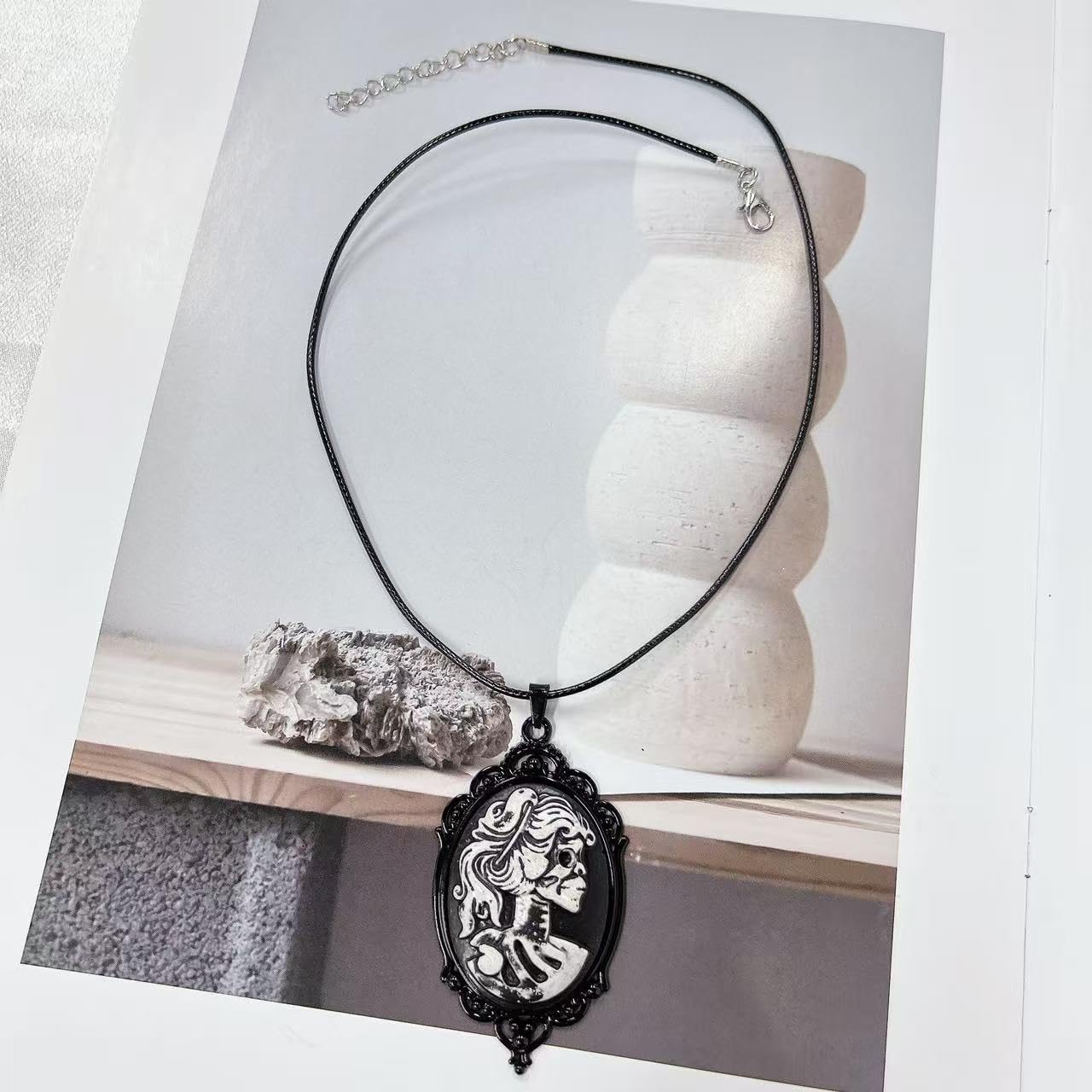 Gothic Skull Skeleton Cameo Pendant Necklace for Women Men Vintage Victorian Black Oval Frame Charm Goth Collar Adjustable Leather Rope Choker Halloween Cosplay Costume Jewelry Gifts for Her - Image 3