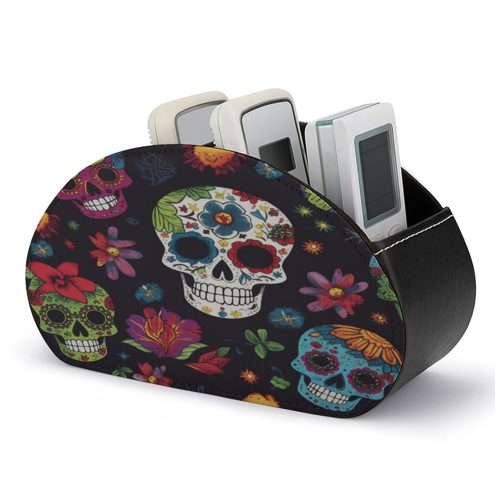 VstaDank Flower Cactus Sugar Skull Remote Control Holder Farmhouse TV Media Remote Storage Box with 5 Compartments PU Leather Remote Caddy Desktop Organizer for Home Bedside Table Organizer