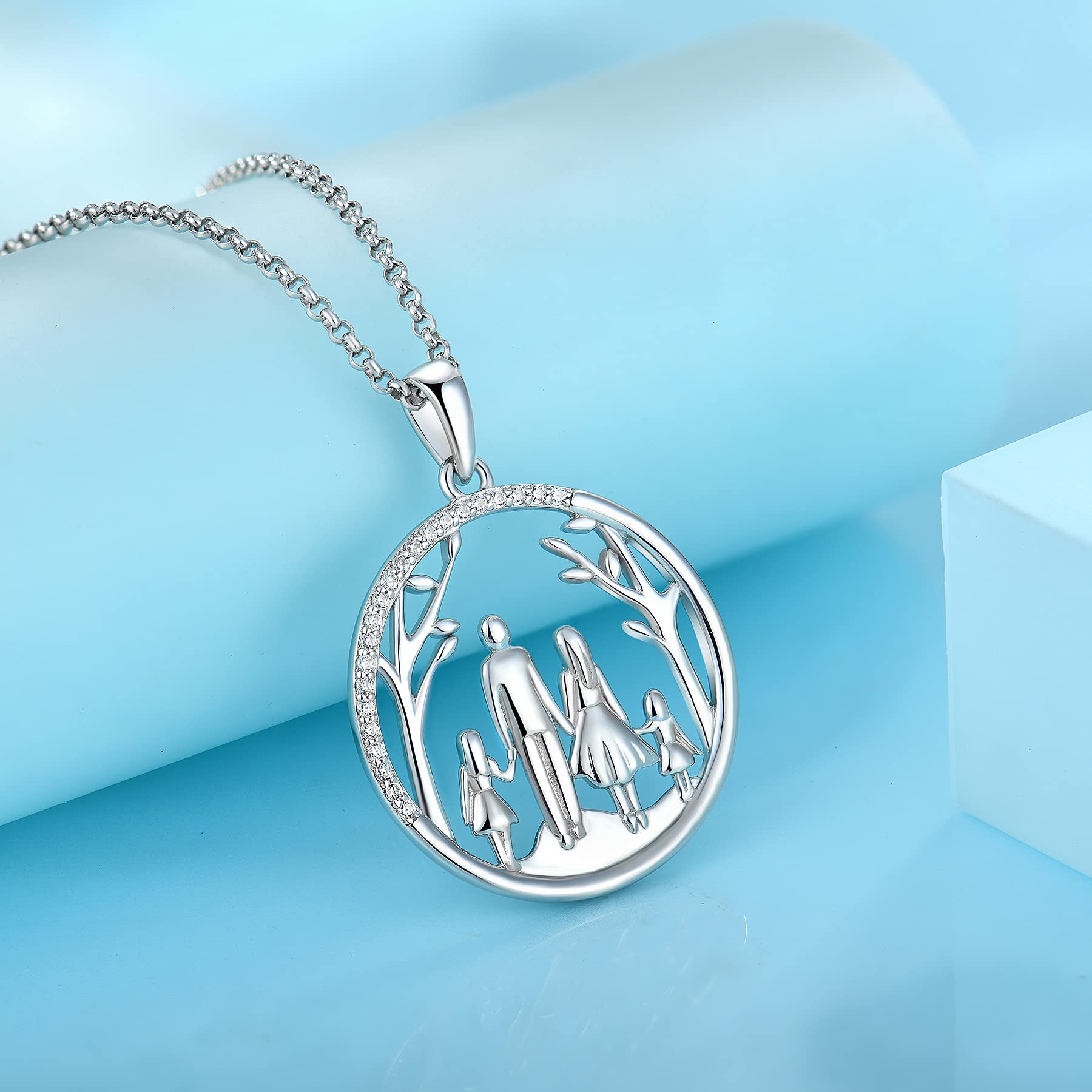 JO WISDOM Collana di Famiglia Albero della Vita Argento 925 Donna,Ciondolo con Catena Madre Figlia Papà Figlio Zirconia cubica 3A