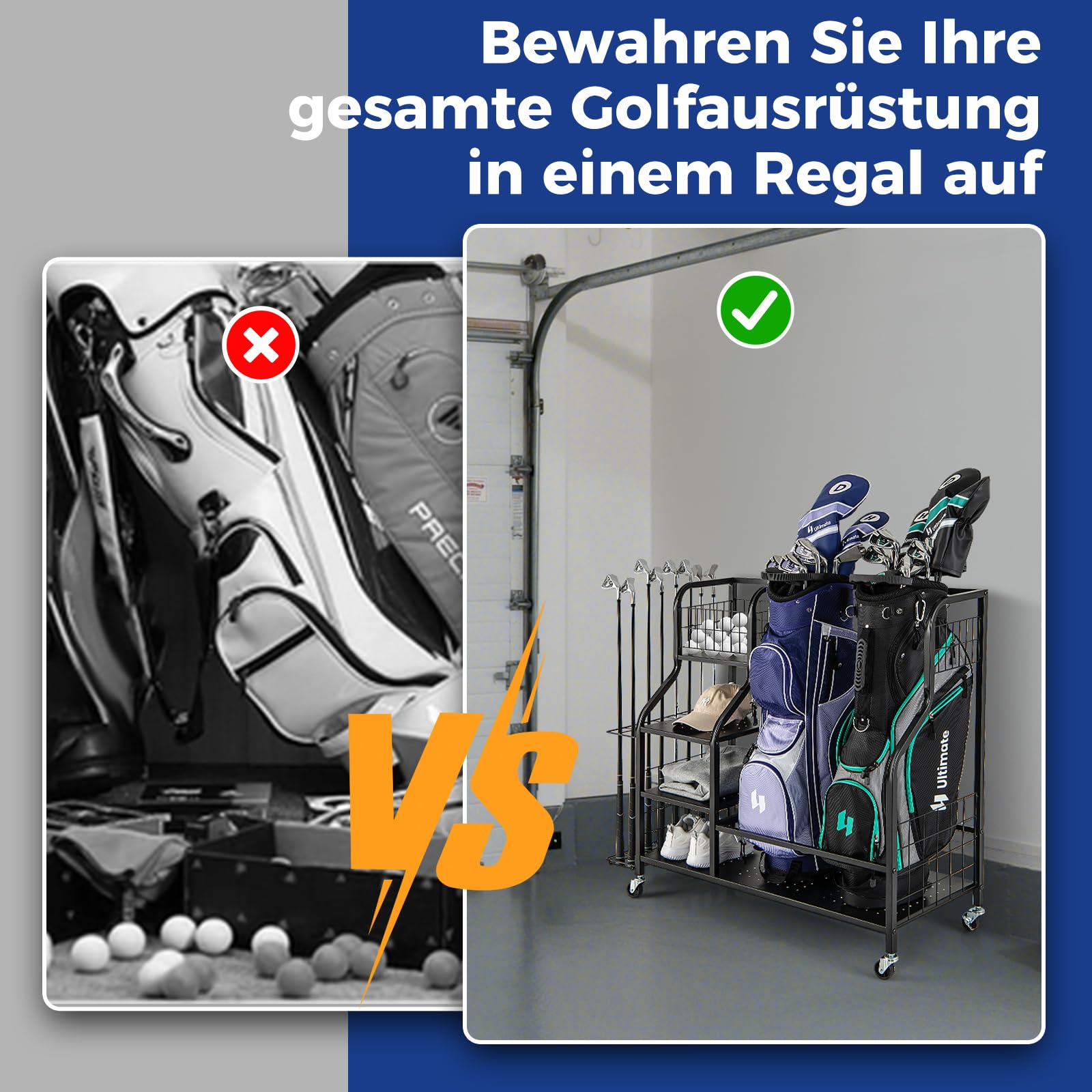 COSTWAY Organizer do kijów golfowych 4 w 1, organizer na kije golfowe z rolkami, na 2 torby golfowe i akcesoria golfowe, regał na torby golfowe z hakiem i koszem na piłeczki golfowe i 3 półki z metalu