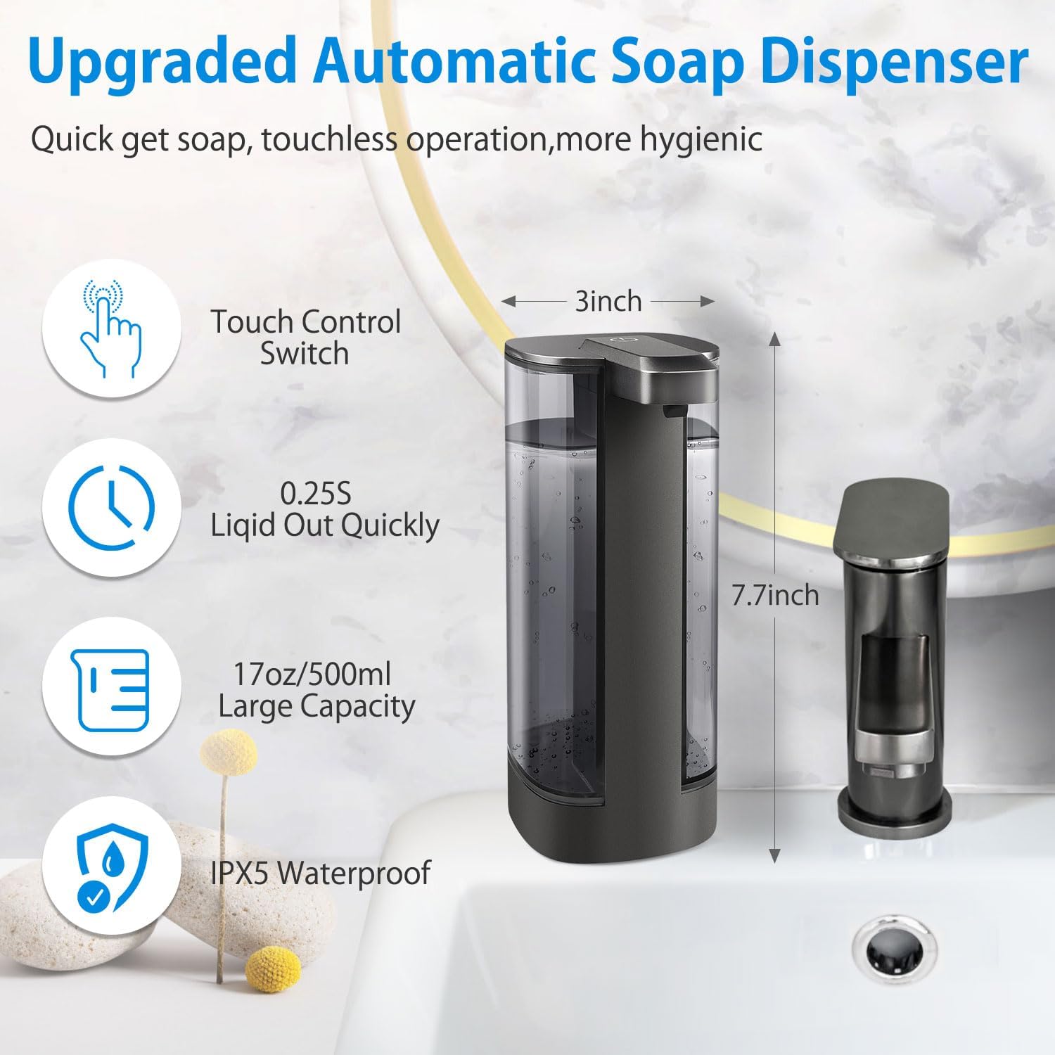 Automatic Liquid Soap Dispenser, Rechargeable, Touchless, 17oz/500ml with 4 Adjustable Soap Levels, Wall Mount & Waterproof, Liquid Hand/Dish Soap Dispenser for Bathroom Kitchen