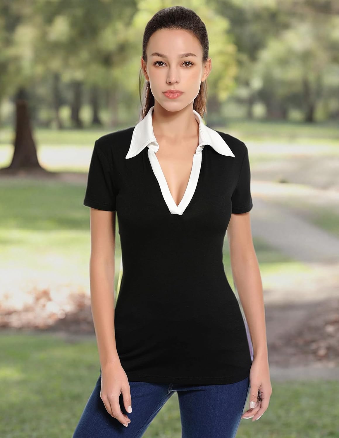 AmélieBoutik Women Color Trim Collared V Neck Short Sleeve Top - Image 6