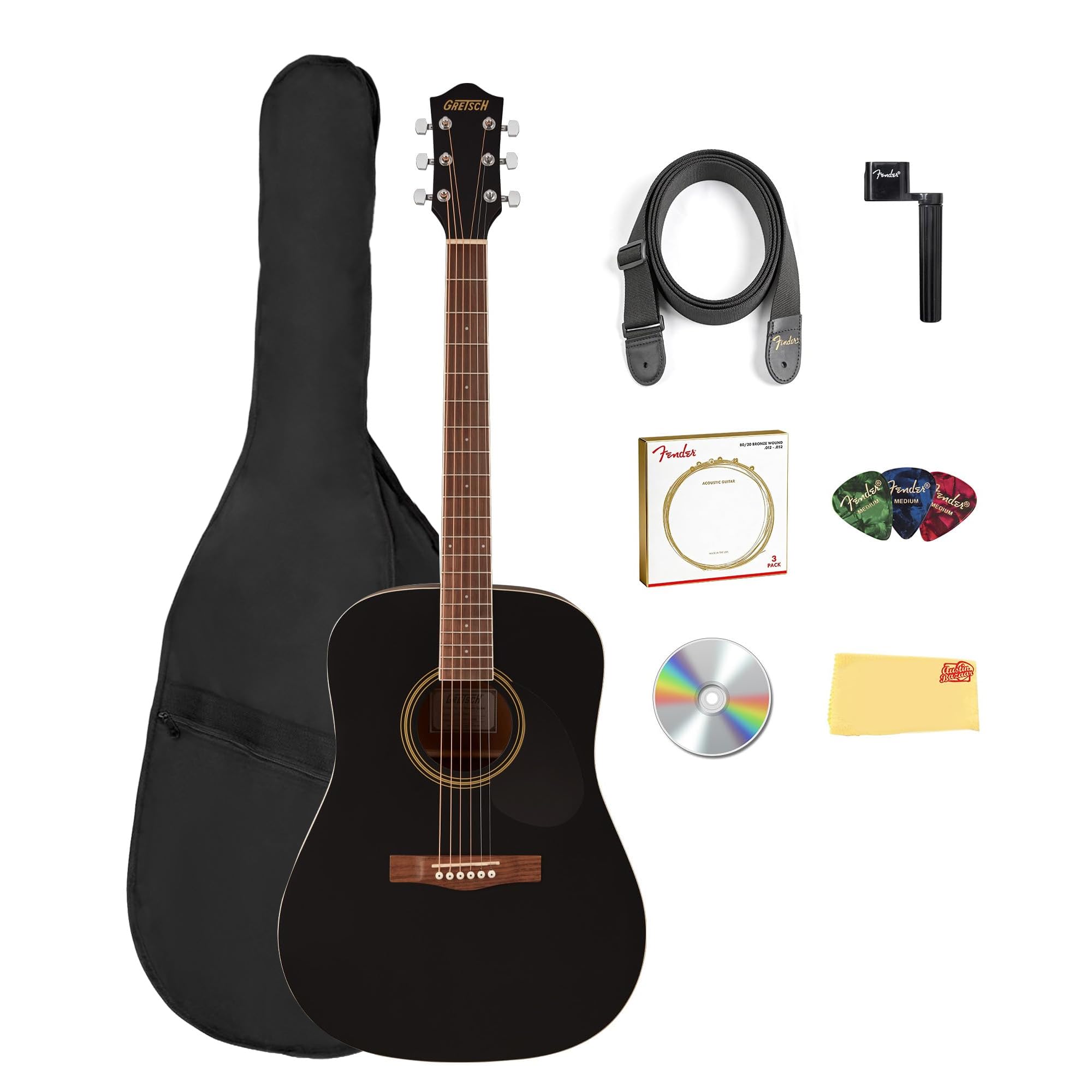 Gretsch Prelude D100 Dreadnought Acoustic Guitar - Black Bundle with Gig Bag, Strap, Strings, String Winder, Picks, Austin Bazaar Instructional DVD, and Polishing Cloth