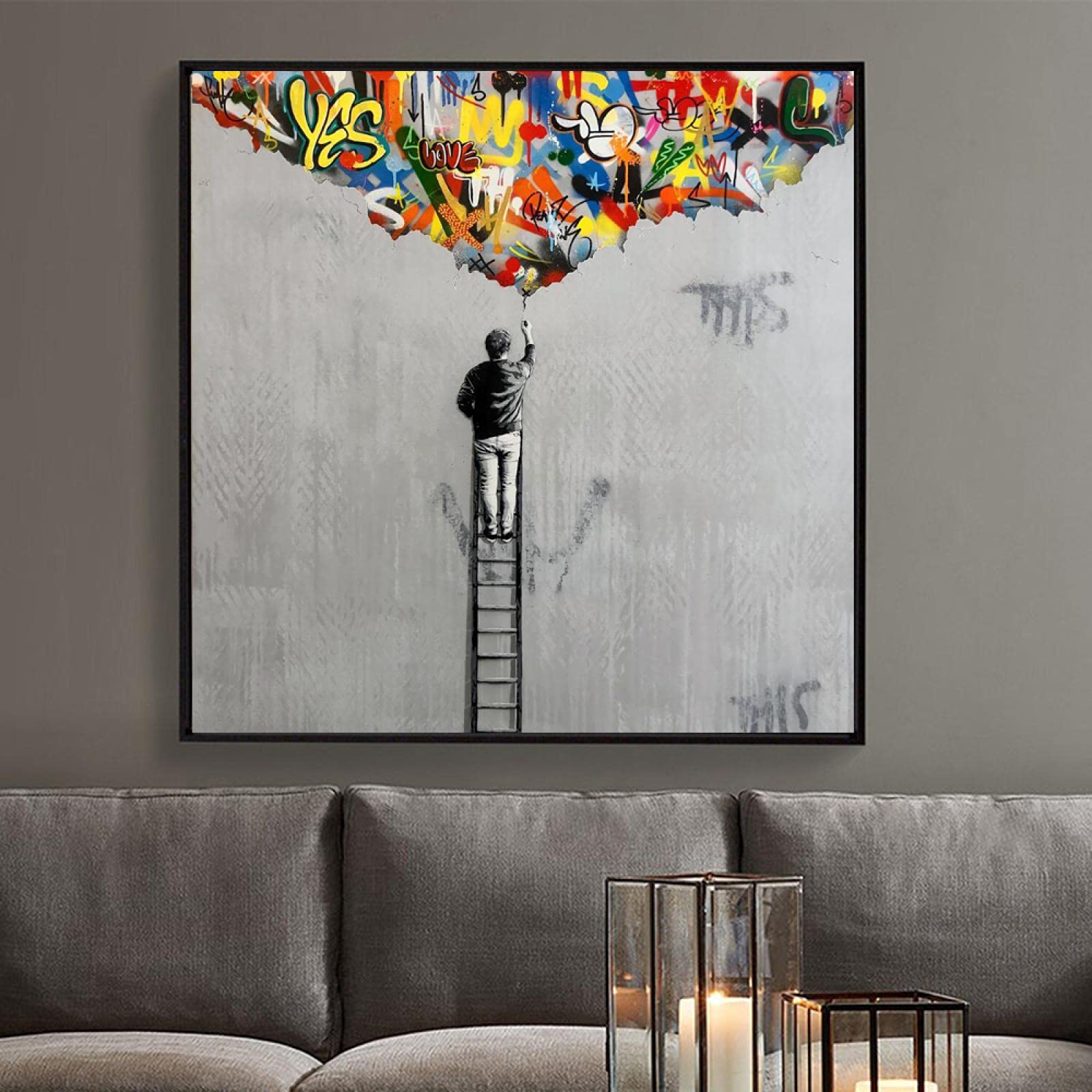 Amazon.co.jp: はしごの落書きの上に立っているキャンバスプリント