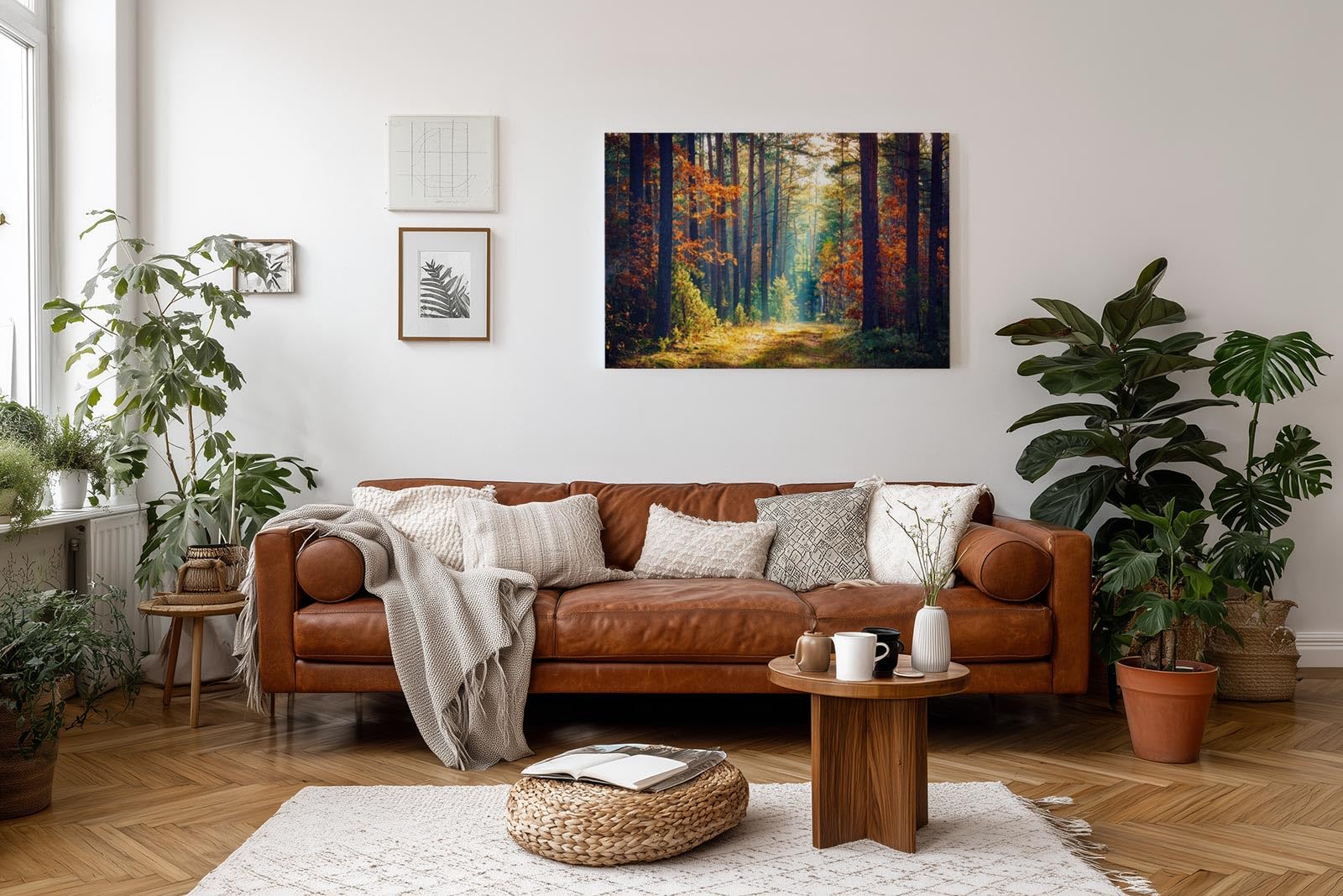 Sinus Art Wandbild 120x80cm Waldweg durch herbstlich gefärbten Wald mit Lichtspiel für gemütliche Raumwirkung