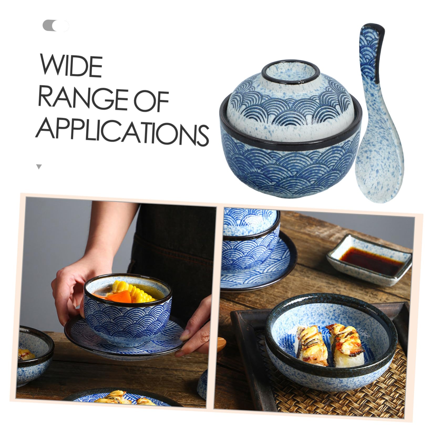 Cuenco Japonés para Sopa con Tapa, 1 Juego de Cerámica Azul | Acabado Liso sin Rebabas, Incluye Cuchara, Formato Multifunción para Ramen y Aperitivos
