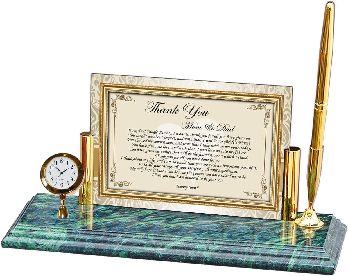 AllGiftFrames Personalized Thank You Wedding Gift to Parents Father Mother Gift of Poetry - Mini Clock Genuine Marble Base Brass Pen Set Thank You Present for Parents from Son or Daughter