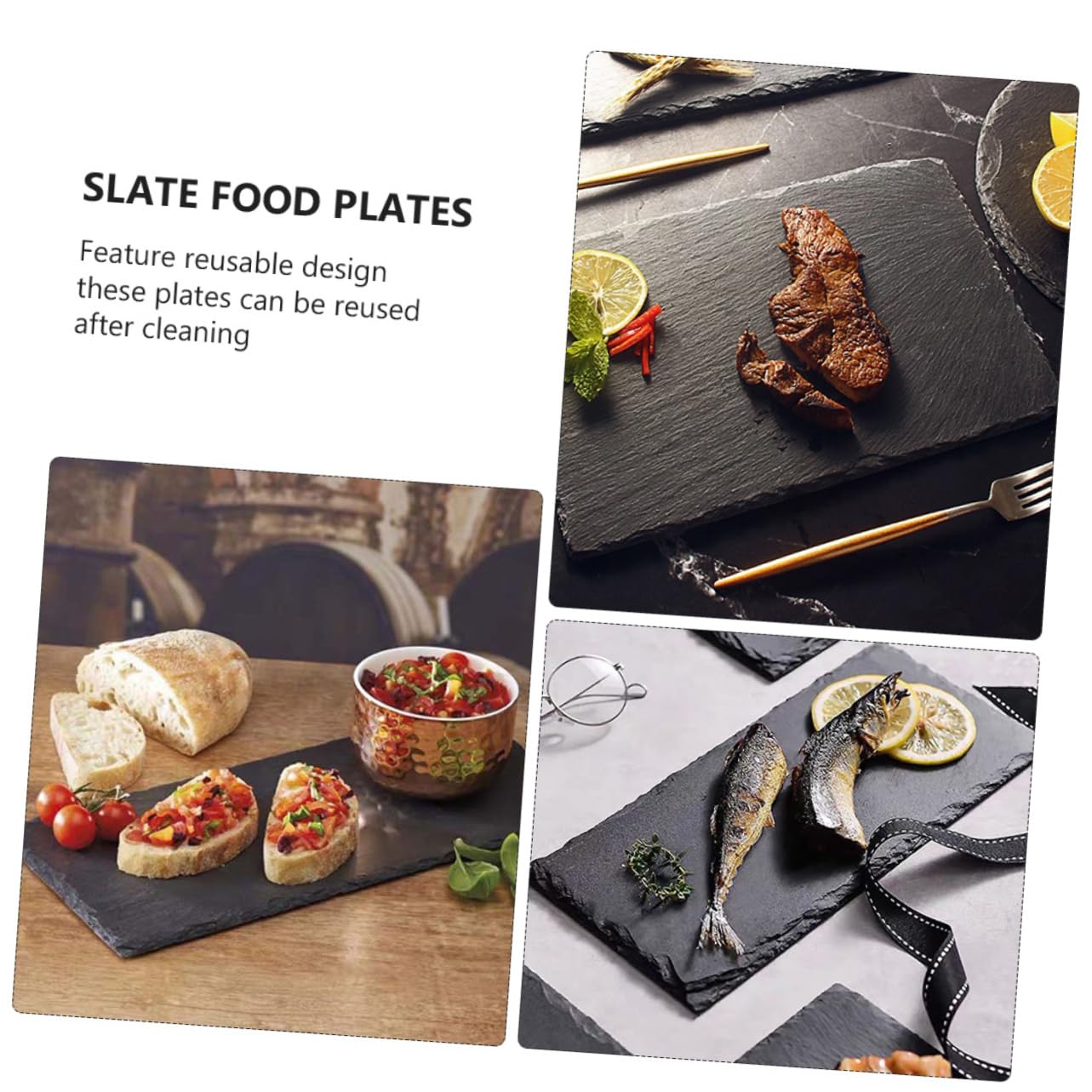 Hemobllo Plateaux à Sushis en Ardoise Noire 2 Pièces, Assiettes Multifonctions Réutilisables et Antidérapantes pour Desserts et Steaks, Design Isotherme Pratique