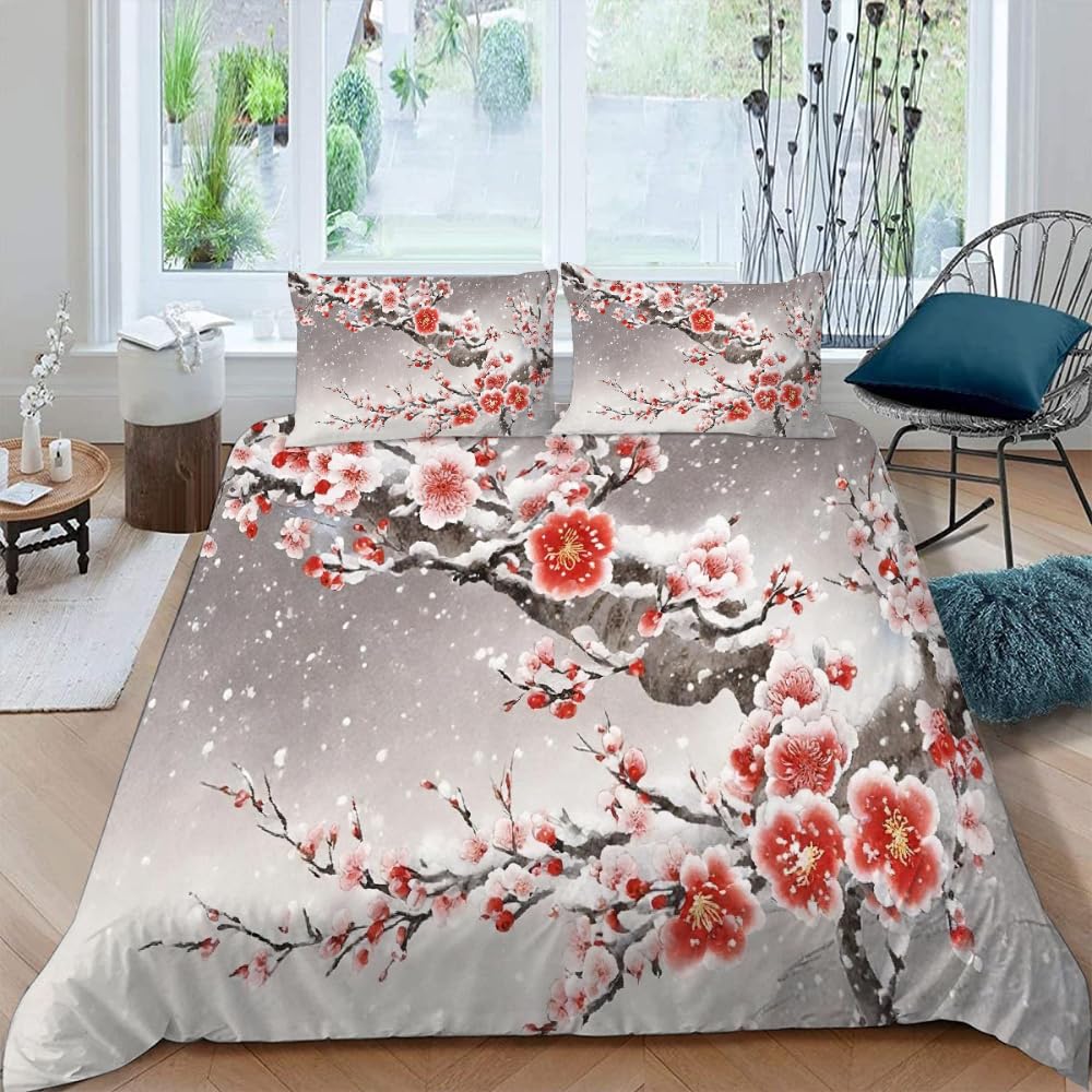 Parure De Lit 220x240 Enfant Fleurs De Cerisier Housse De Couette Microfibre 2 Personnes avec Fermeture Éclair Rose Fleuri Hypoallergique Ensemble de Literie 3 pièces+ 2 Taies D'oreillers