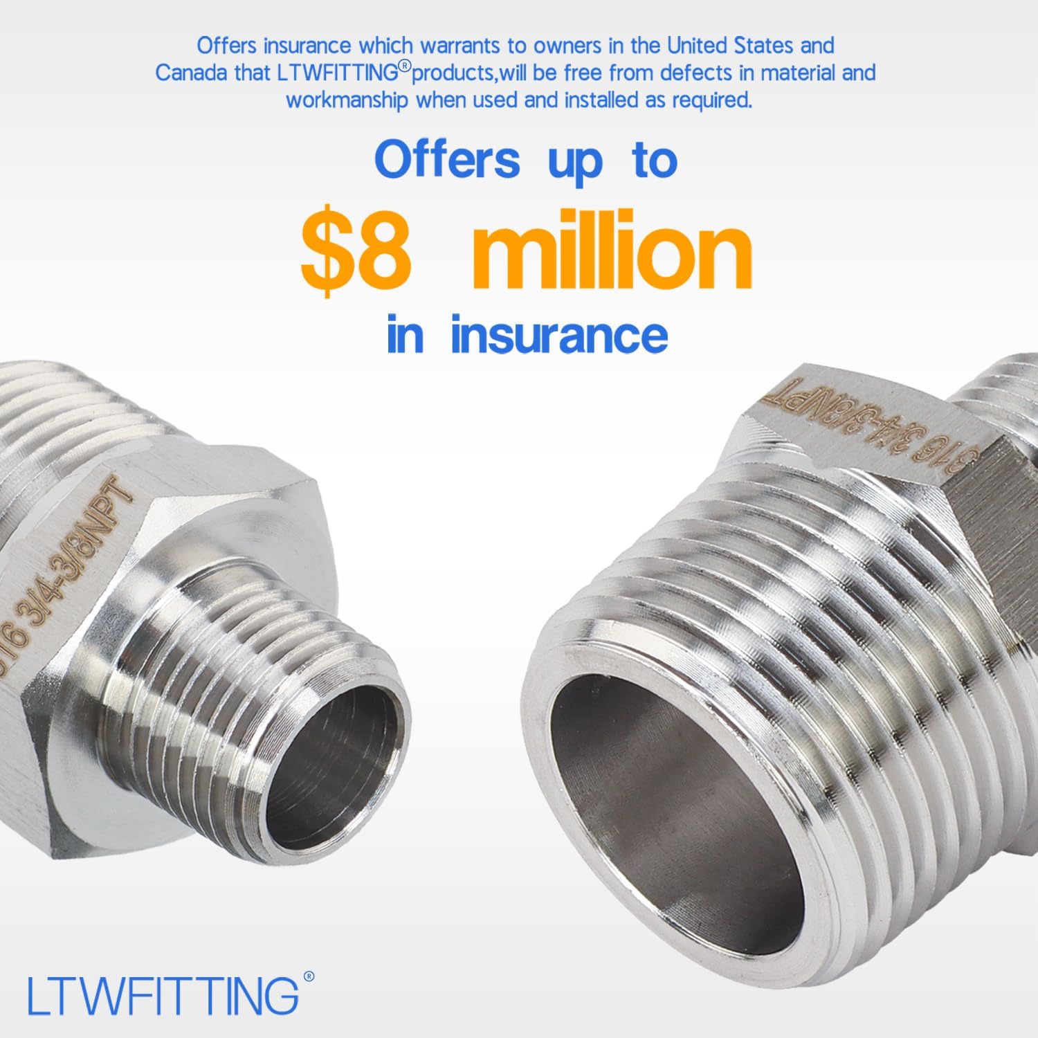 LTWFITTING Bar Production Stainless Steel 316 Pipe Hex Reducing Nipple Fitting 3/4" x 3/8" Male NPT Water Boat (Pack of 5)