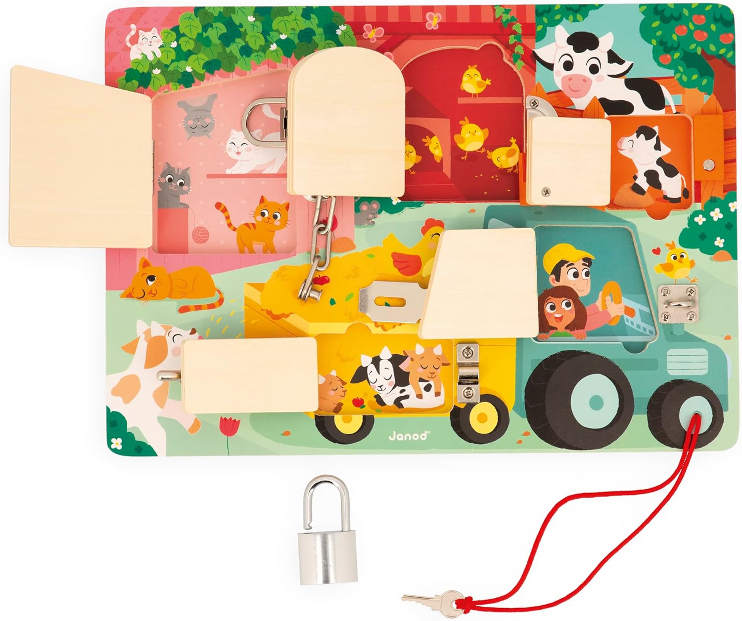 Janod Farm Padlocks Board - Latching and Locking Puzzle - Ages 3-6 - J07119