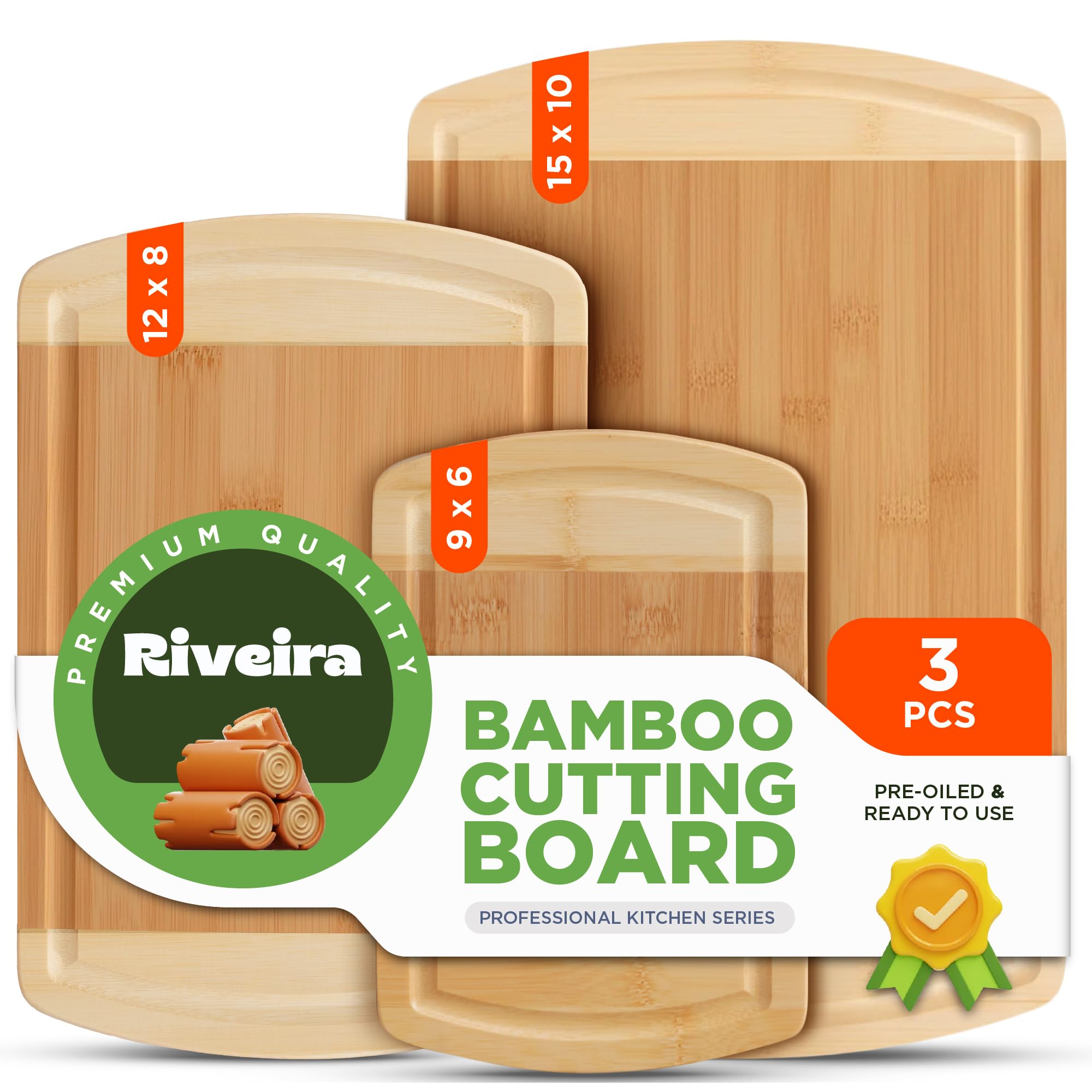 Riveira Tabla de cortar de madera de bambú de dos tonos, versátil y duradera: juego de 3 tablas de cortar rectangulares de madera, tablas de cortar de madera natural para cocina, tabla de cortar de