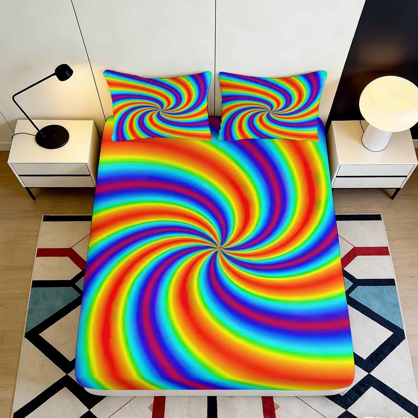 3D Printed Rainbow Spiral Fitted Sheet Microfiber Soft Breathable Colorful Swirl Bed Cover for Bedroom Dormitory Guest Room Mattress Protection Decor 160x200x25cm