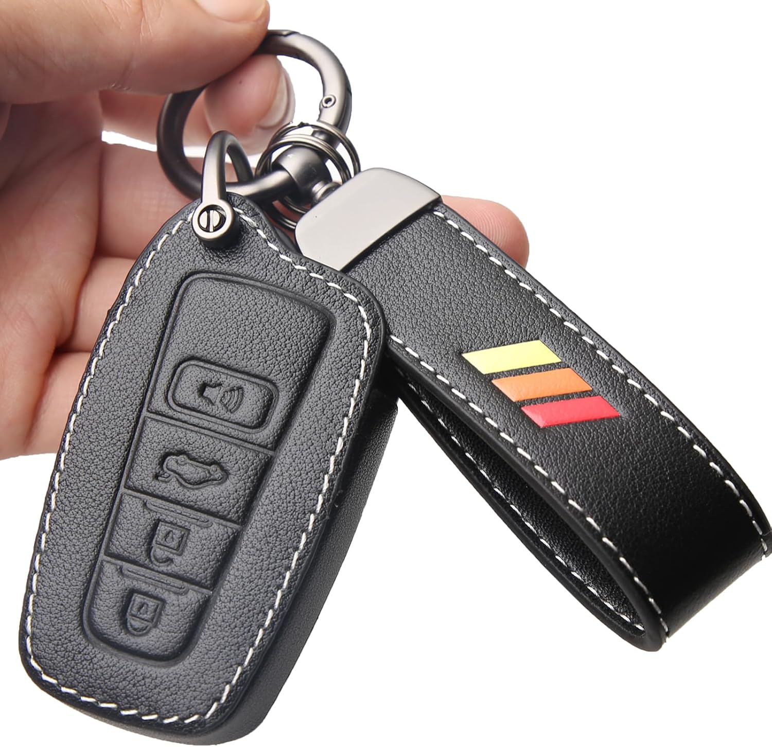 Genuine Leather Sport Racing Stripes Tri-Trimed Key Fob Cover for Toyota TRD 4Runner Corolla GR RAV4 Highlander Racing Sport Performance 3 4 Buttons Remote (Model-A)