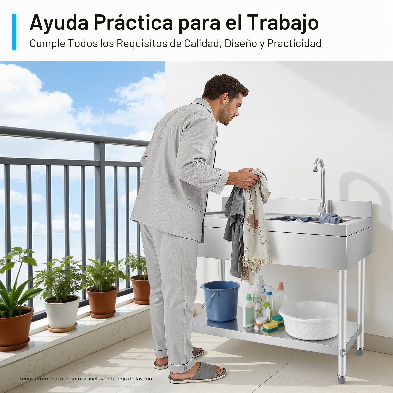 Fregadero de cocina independiente con mueble bajo fregadero y grifo, lavabo exterior, fregadero de acero inoxidable para restaurante, lavadero y garaje, 1000 x 600 x 800 mm