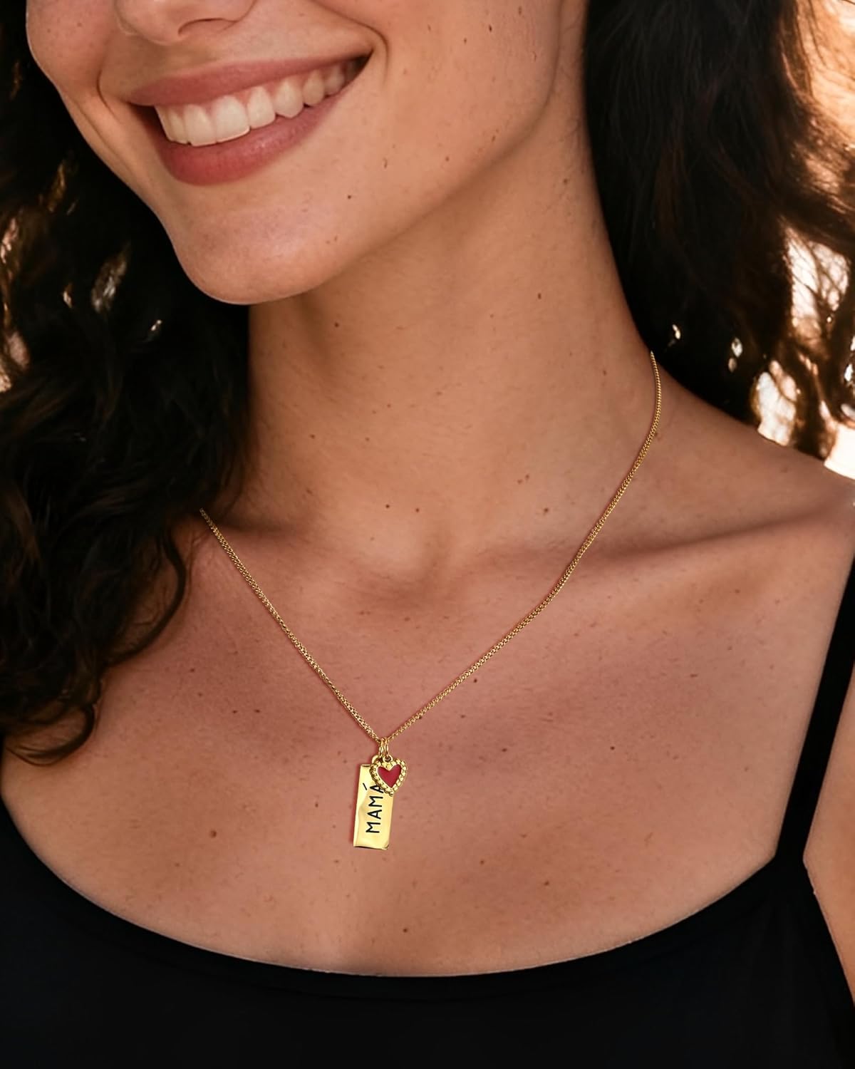 Mama Necklace for Women Gold Bar Pendant Necklace with Red Heart Charm for New Mom Birthday Gifts - Image 3