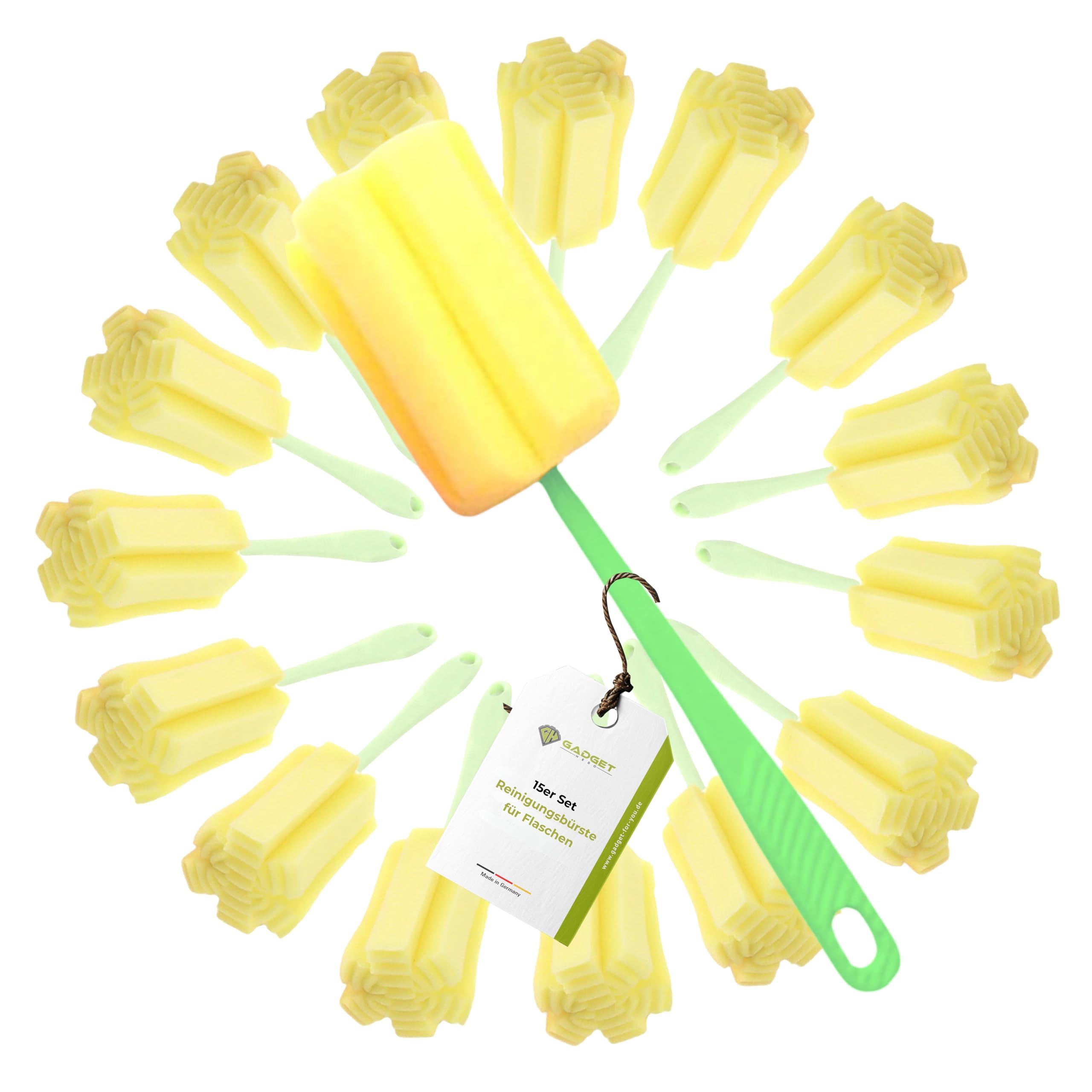 Gadget-Hero Reinigungsbürste für Flaschen 15er Set - Flaschenbürste Schwamm - Spülschwamm für Gläser - kratzfreier Flaschenreiniger mit langem Griff - Flaschenschwamm - Babyflaschen Reiniger