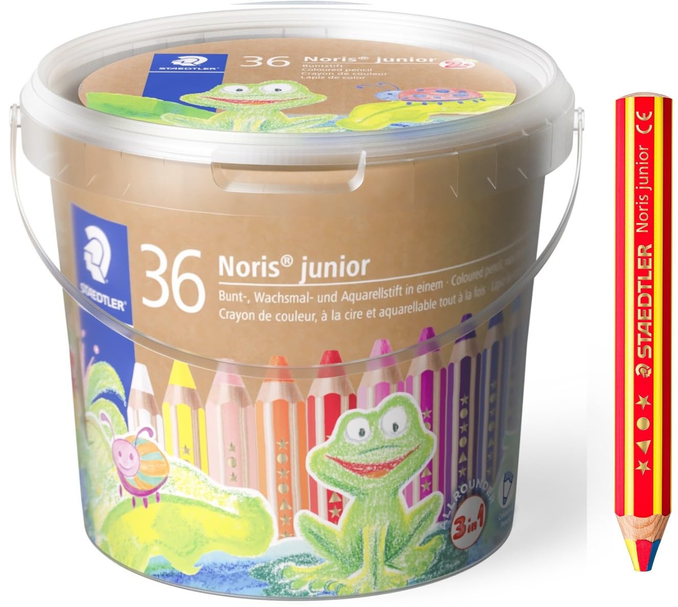 STAEDTLER Noris junior Zestaw 3 w 1 kredek kolorowych, woskowych i akwarelowych, idealny dla małych dzieci, 36 kolorów, temperówka i tęczowy ołówek
