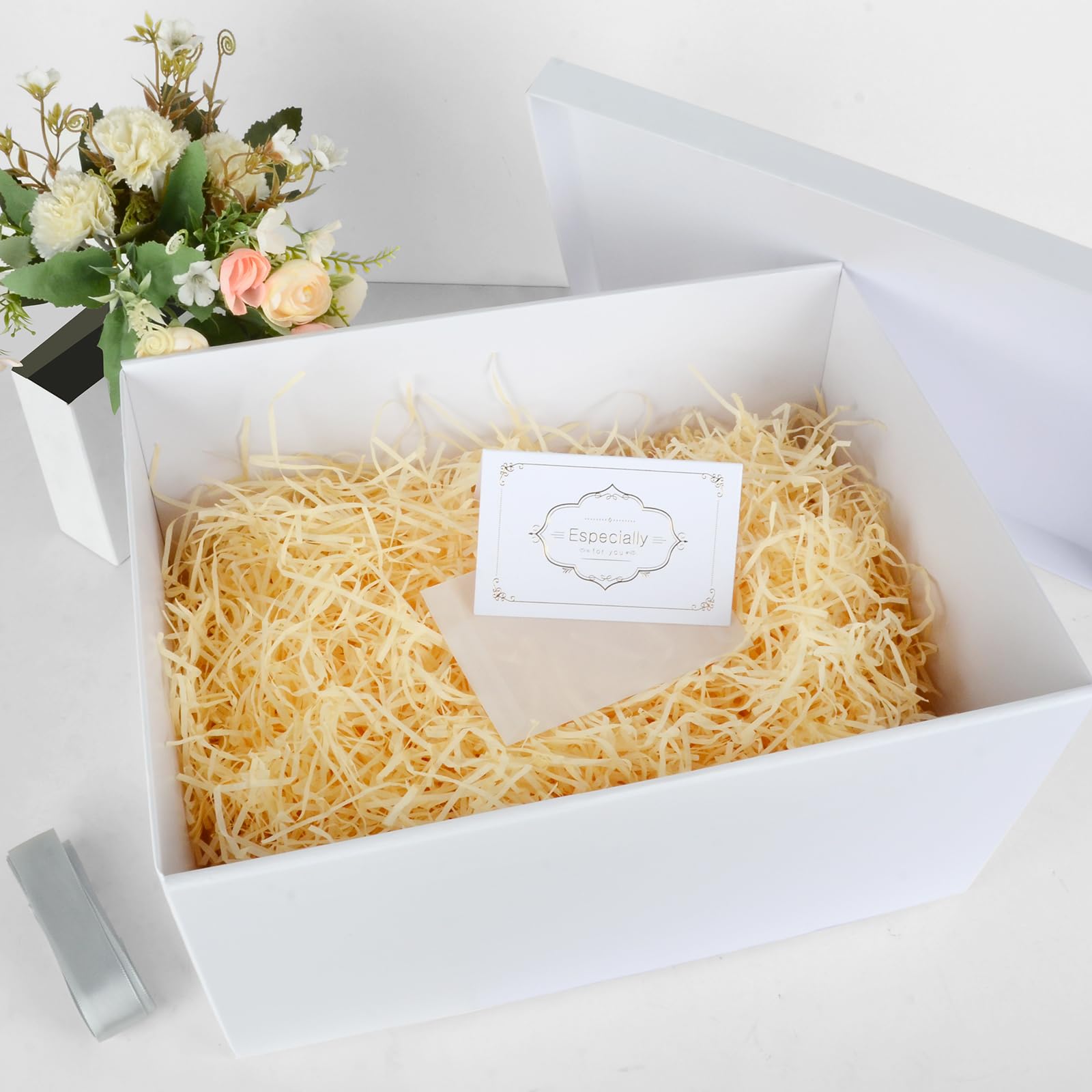 Set Scatola Regalo, Scatole Regalo Bianco con Coperchi 38 x 28 x 19 cm Scatola Regalo Grande con Nastro Biglietti Auguri Carta Velina Tagliuzzata per Natale Compleanno Matrimonio
