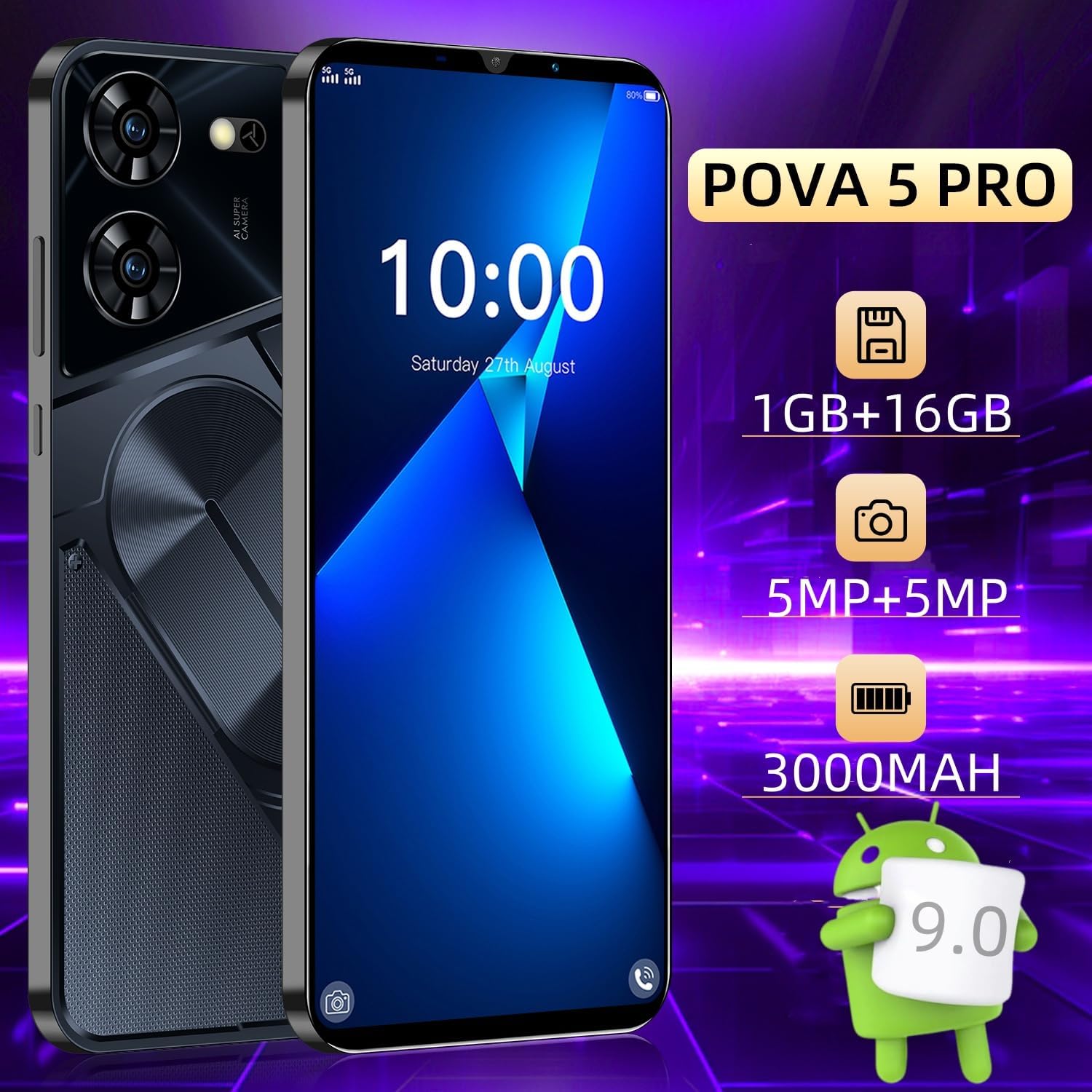 Teléfono económico, pantalla de 5,0 pulgadas, 16GB ampliable hasta 128GB, doble SIM desbloqueado, doble cámara, WIFI/Bluetooth/ID facial. Teléfono básico (Black)