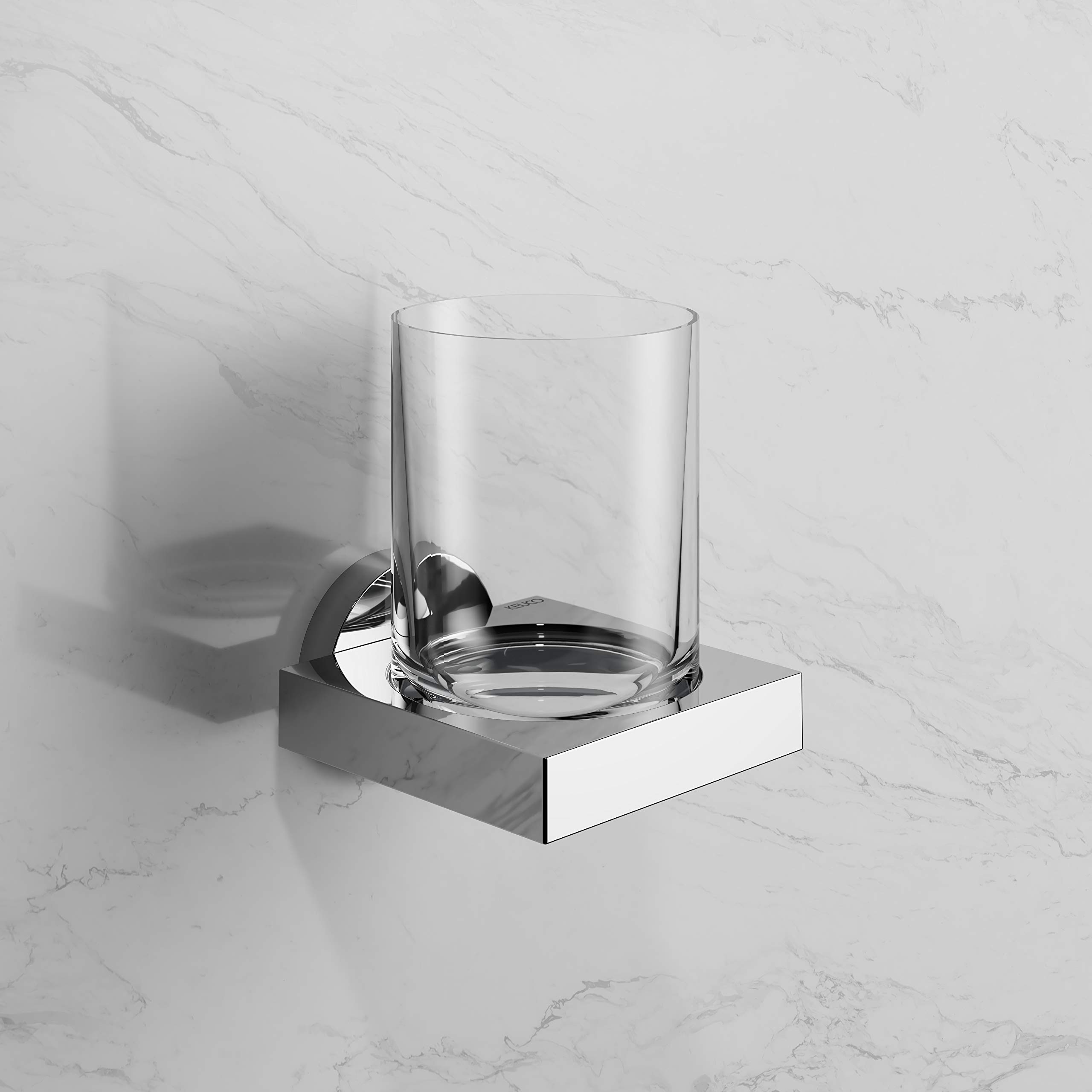 KEUCO Edition 90 Zahnputzbecher aus Glas mit Wandhalterung, verchromt | inkl. Schrauben und Dübel, Glashalter aus Metall zum Bohren