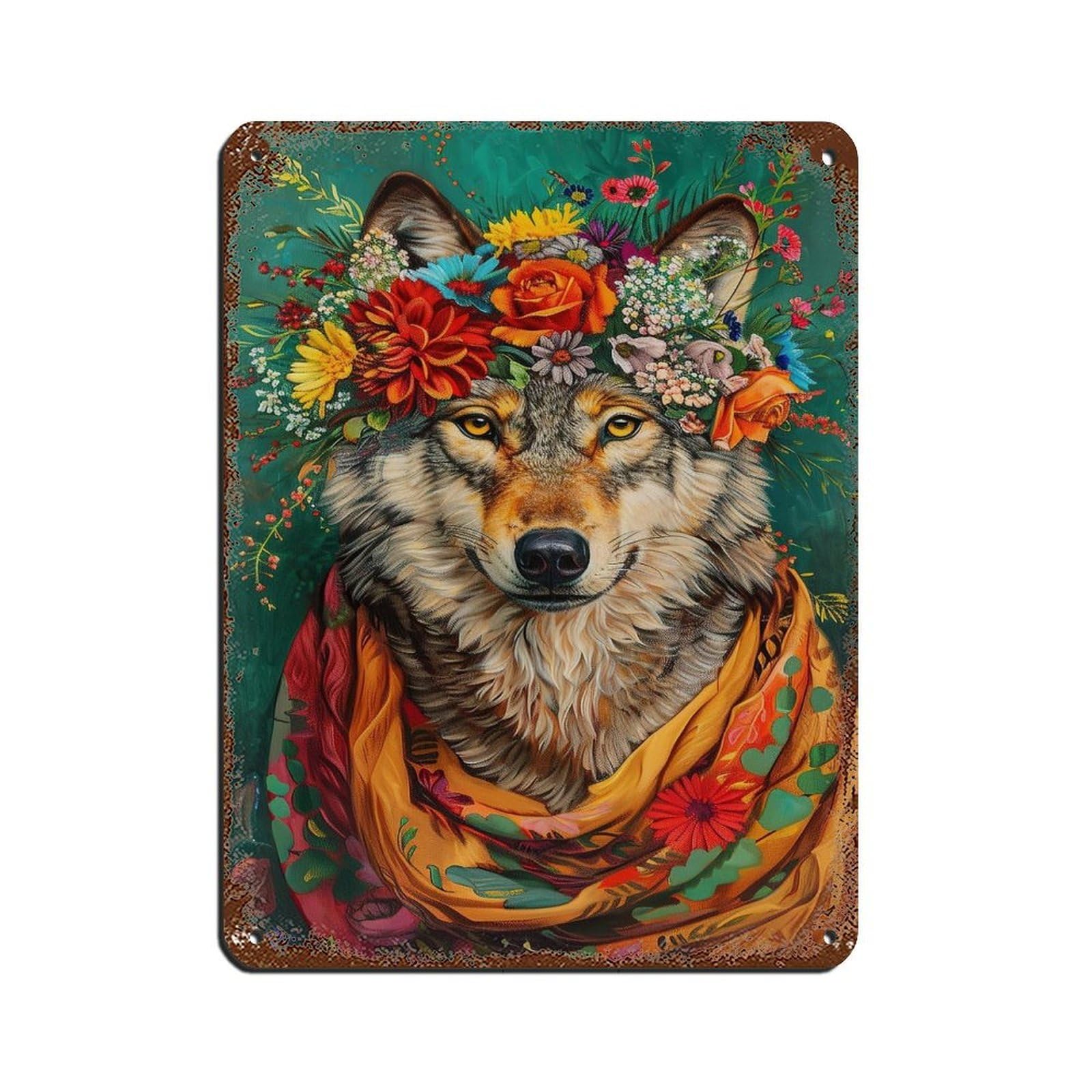 Vintage Maximalist Floral Wolf Painting Poster Tin Sign Vintage Metal Pub Club Cafe Bar Home Wall Art Decoration Poster Retro 12x16inch(30x40cm)