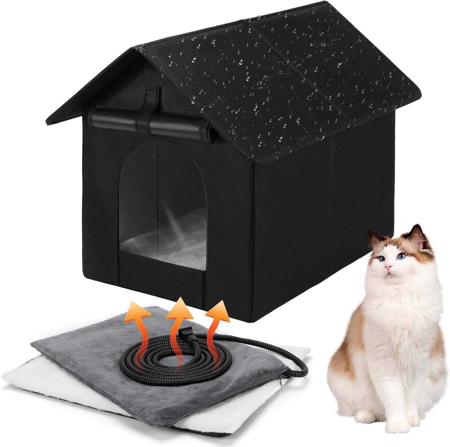 Heated Outdoor Cat House Double Door Heater Cats Shelter, Weatherproof Foldable Heat Kitty House with Kitten Heating Pad Bed for Feral Barn Cat Puppy Outside Pets in Winter 13.3"W*16.9"D*16.5"H Black